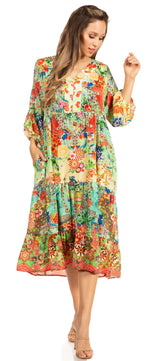 Sakkas Sole Women's Boho Floral Print V-Neck Midi Dress with Long Sleeves