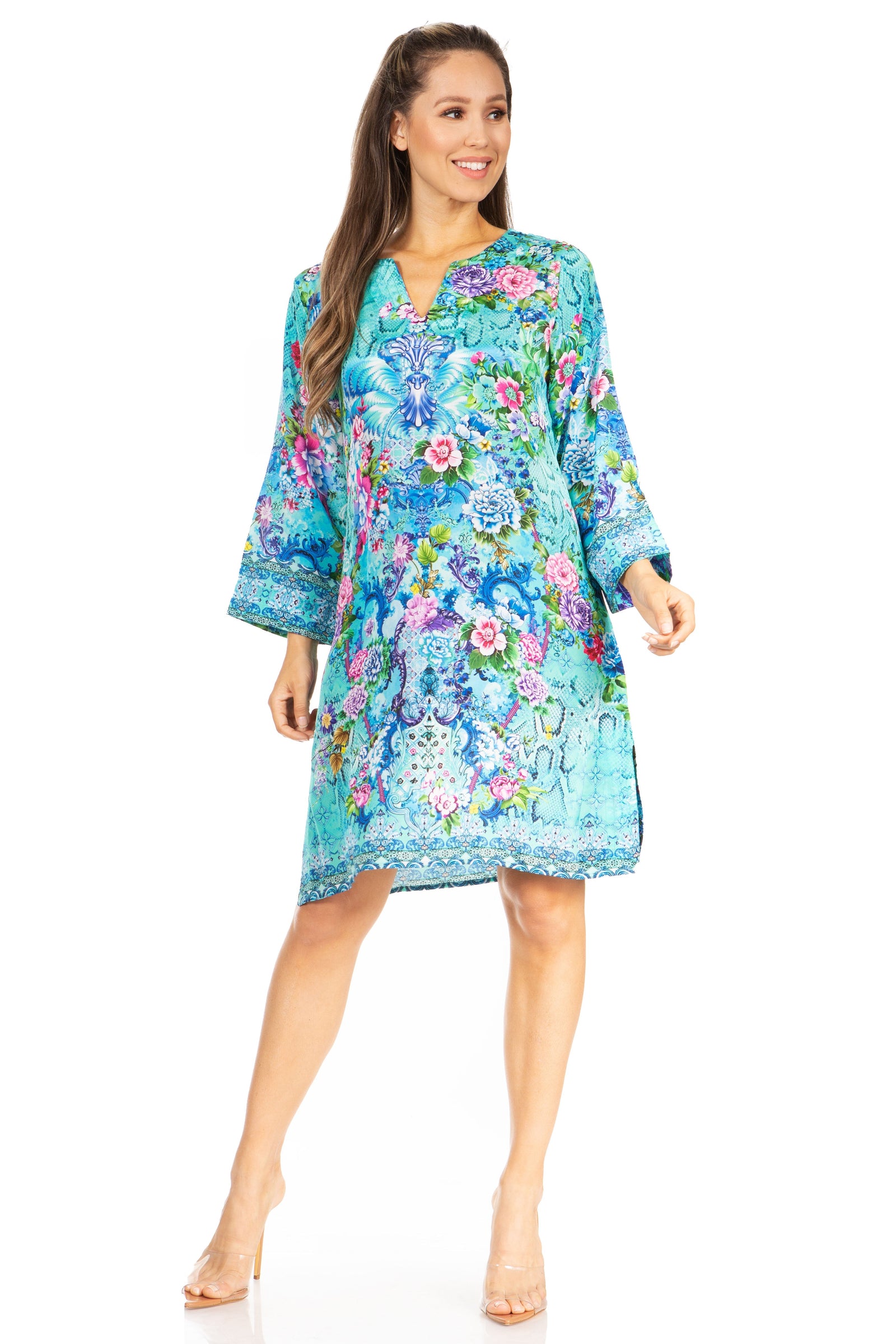 Vestido túnica floral estilo bohemio Sakkas Rosa - Top midi para mujer