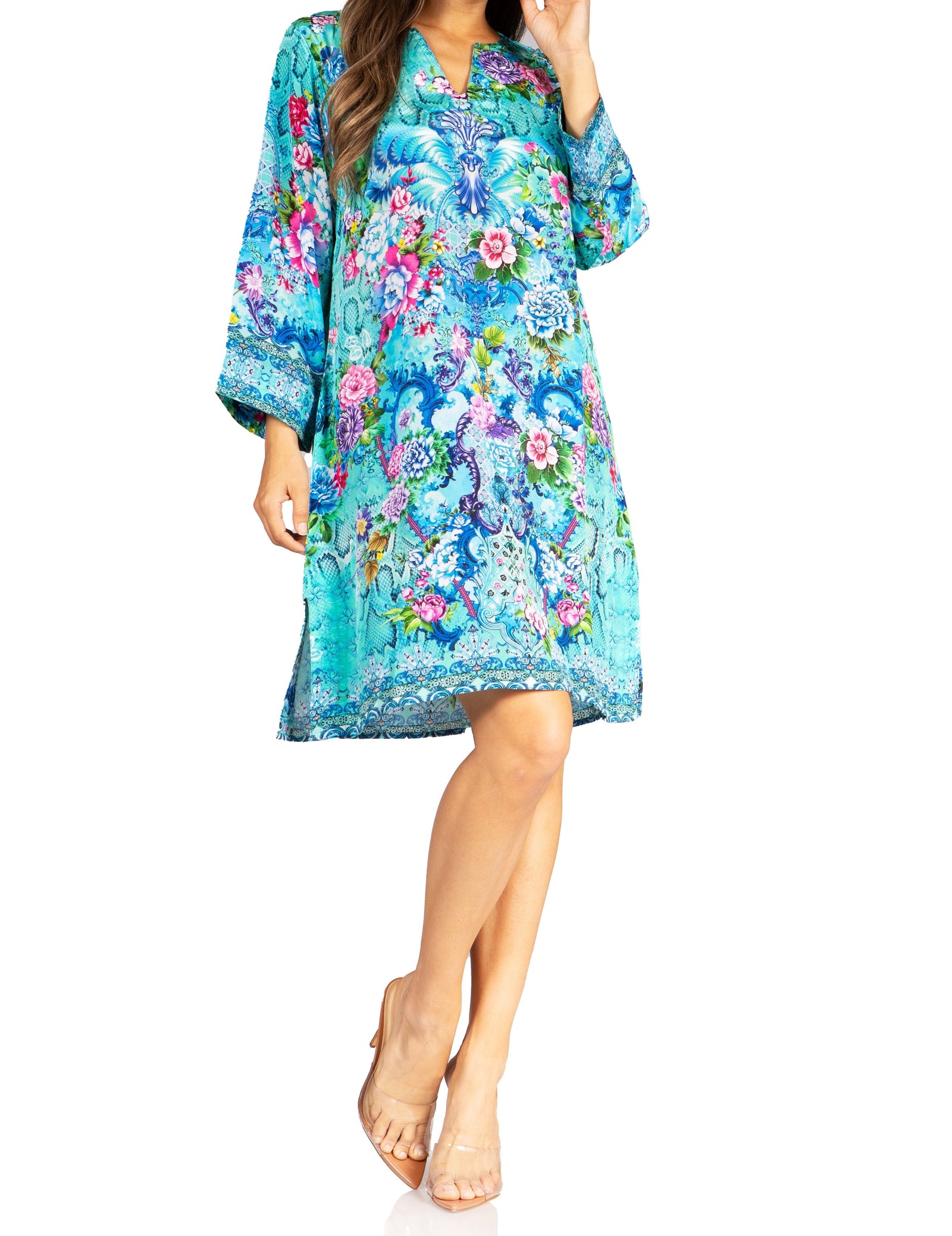 Vestido túnica floral estilo bohemio Sakkas Rosa - Top midi para mujer