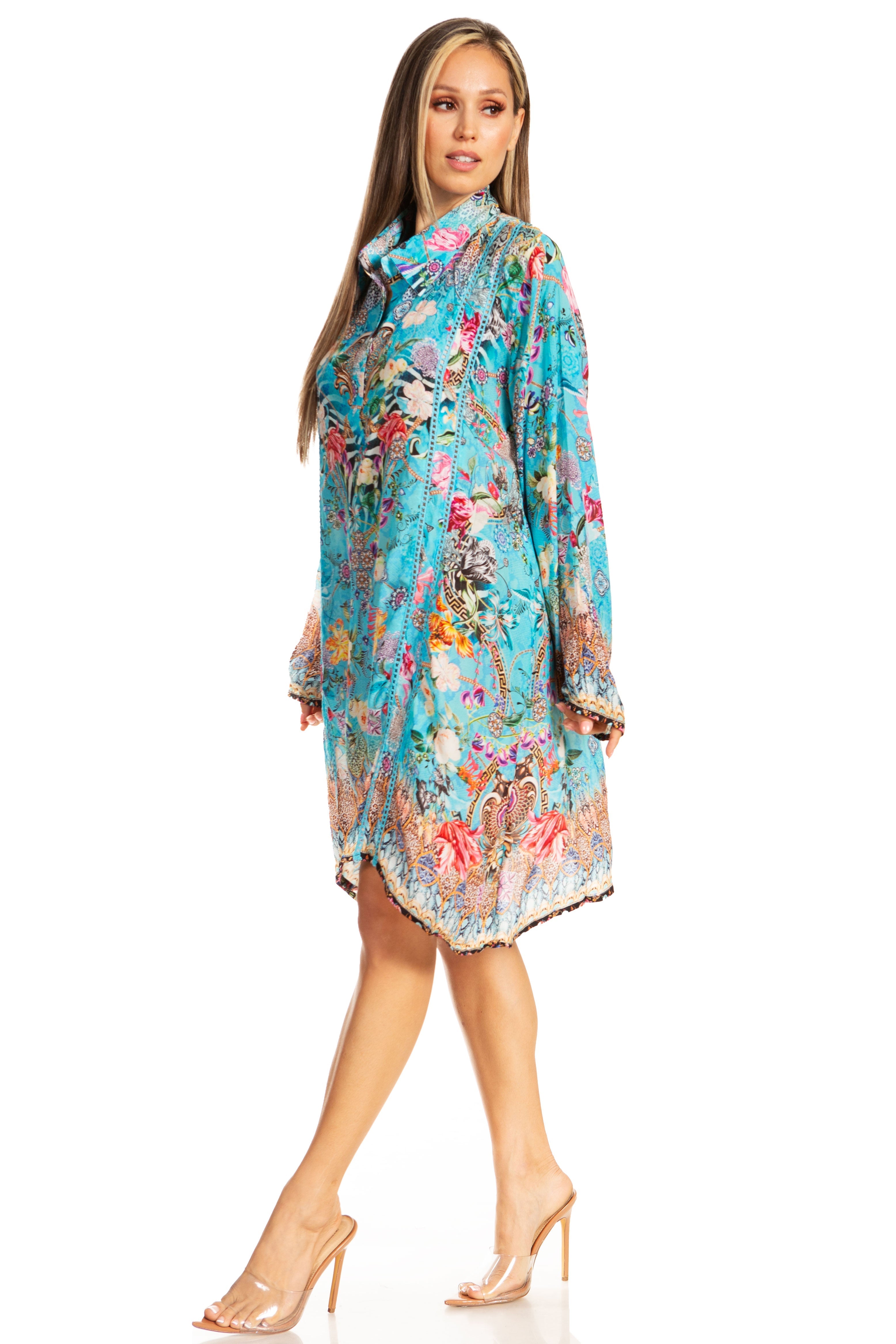 Vestido camisero corto de manga larga con cuello en V para mujer de Sakkas, primavera/verano