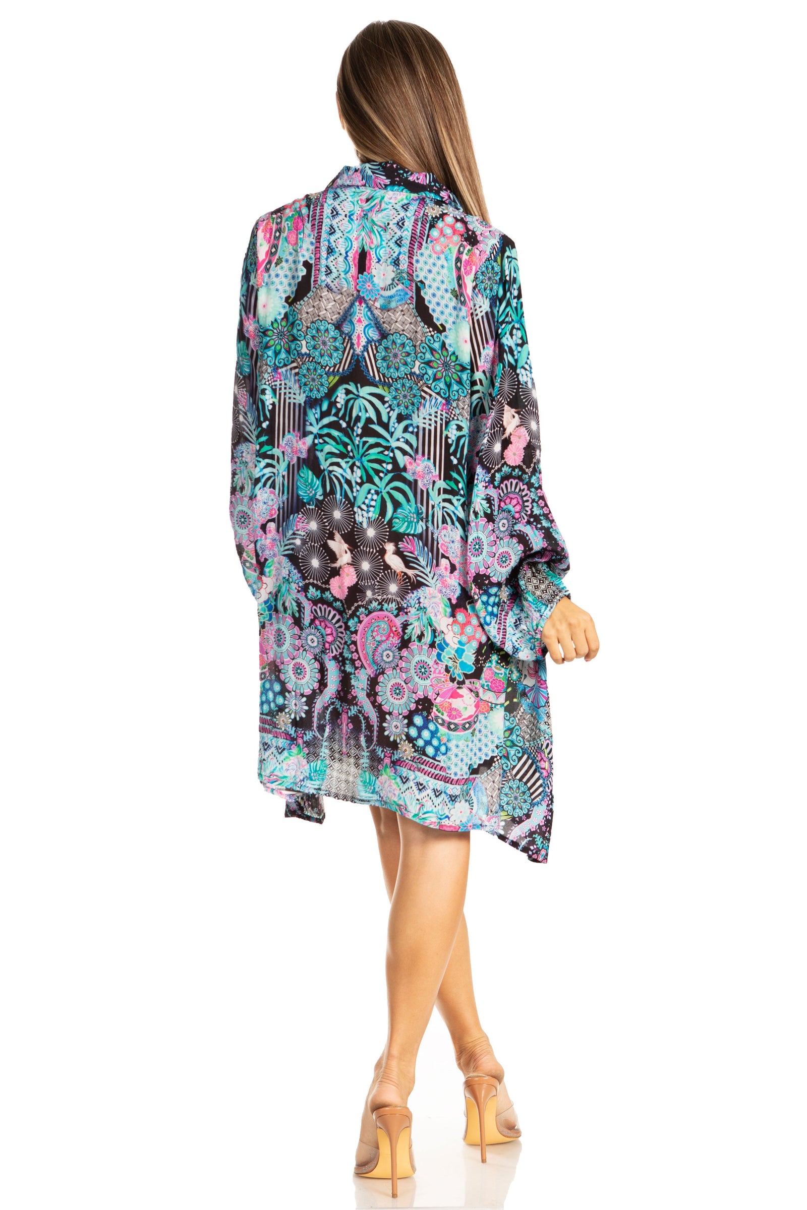 Vestido camisero corto de manga larga con cuello en V para mujer de Sakkas, primavera/verano
