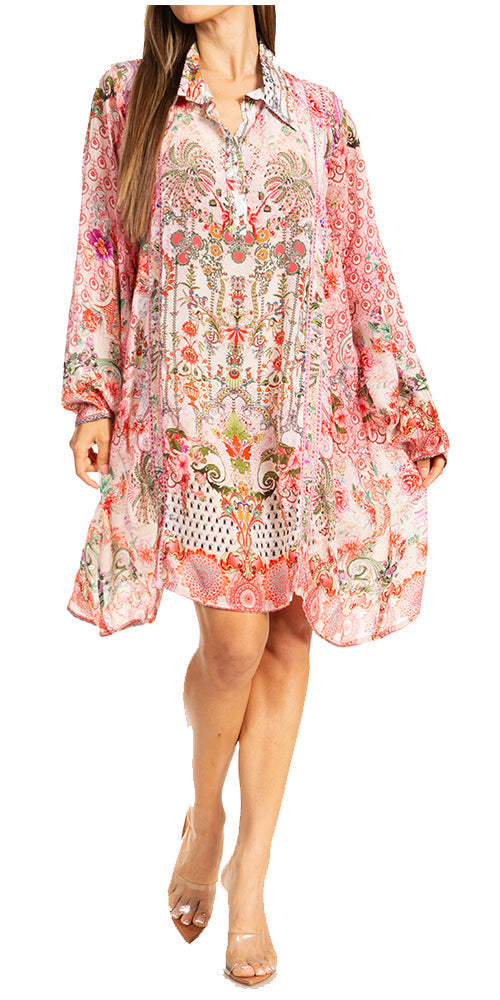 Vestido camisero corto de manga larga con cuello en V para mujer de Sakkas, primavera/verano