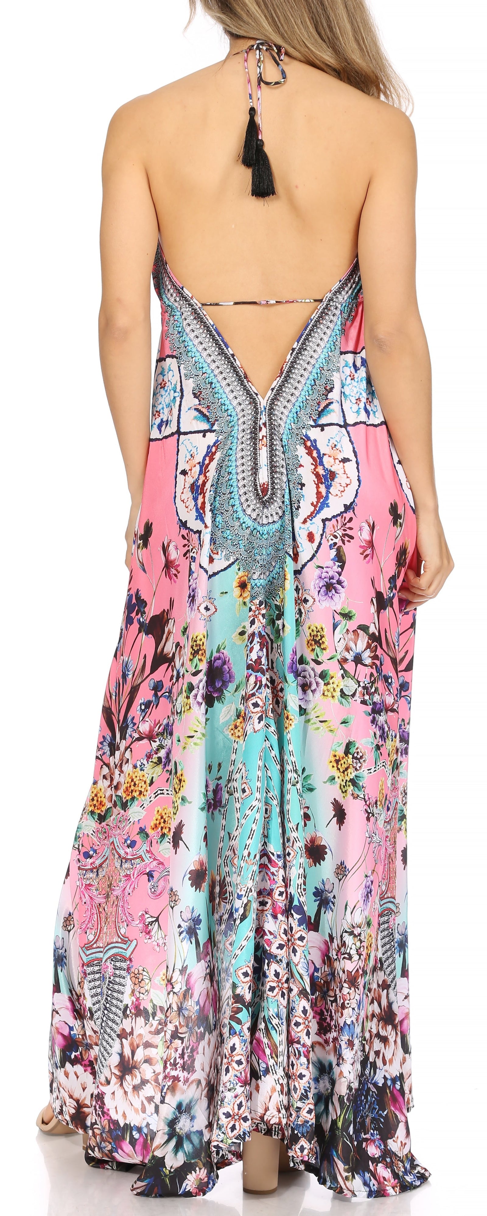 Vestido largo Sakkas Lizi para mujer, con cuello halter, corte alto y bajo, estilo pañuelo, para fiesta en la playa