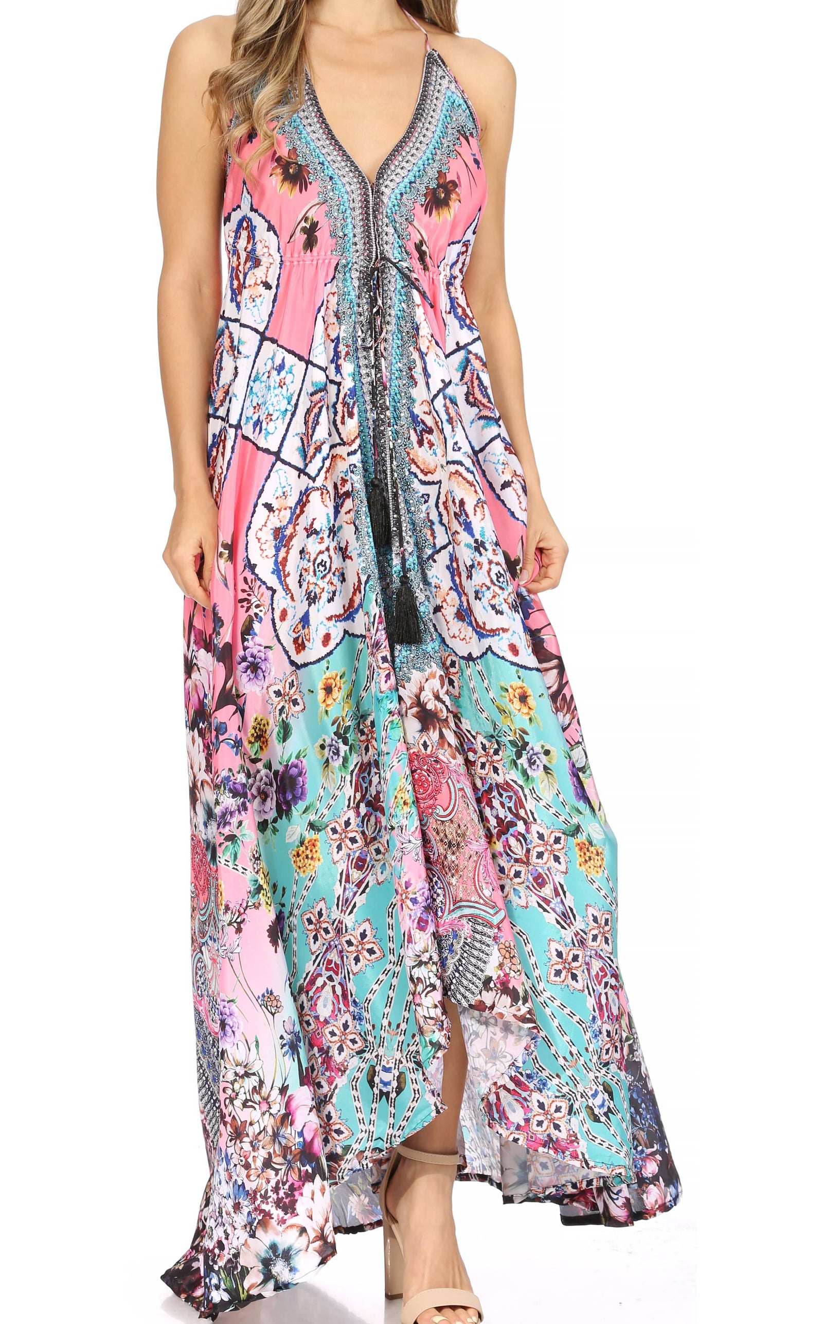 Vestido largo Sakkas Lizi para mujer, con cuello halter, corte alto y bajo, estilo pañuelo, para fiesta en la playa