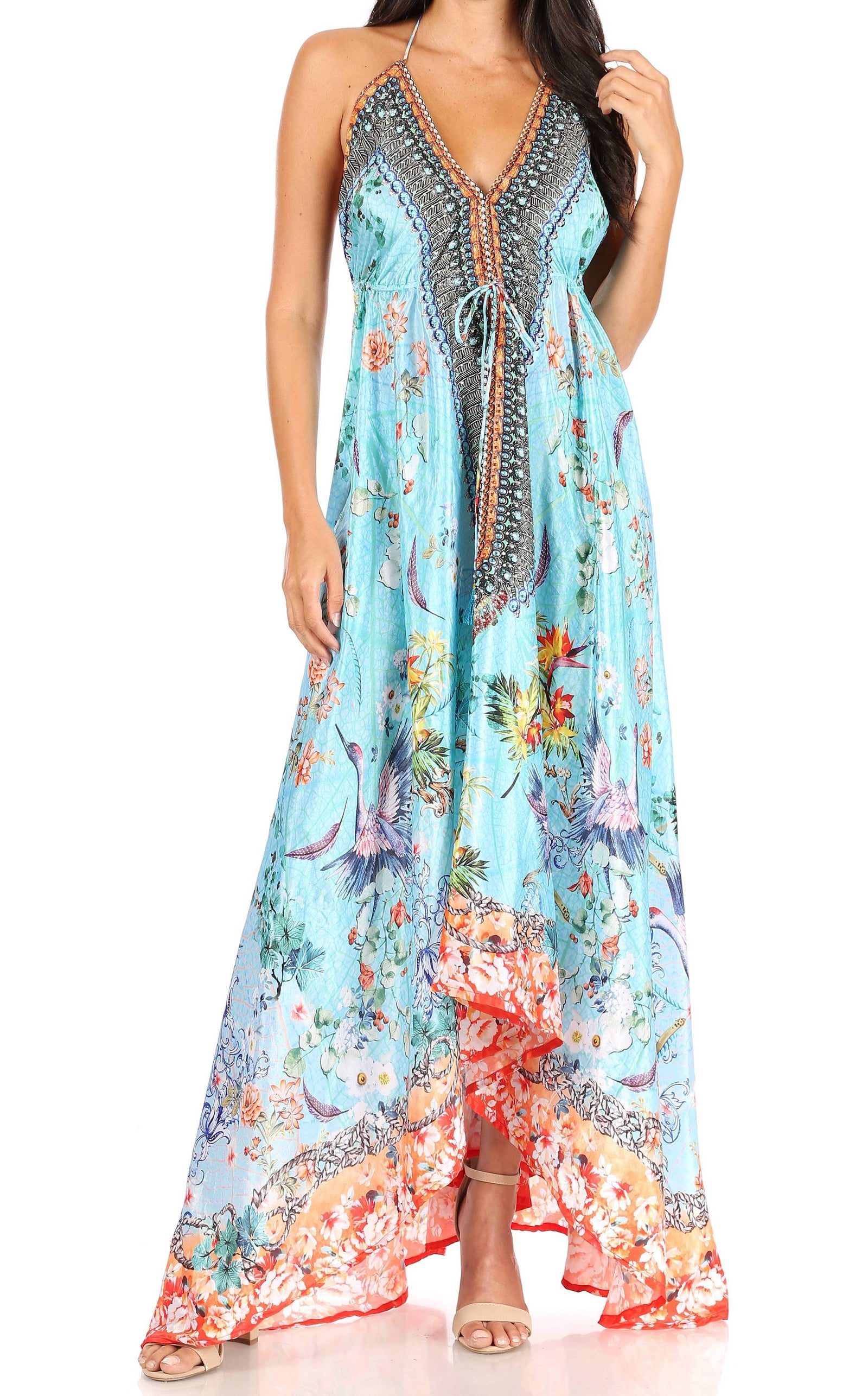 Vestido largo Sakkas Lizi para mujer, con cuello halter, corte alto y bajo, estilo pañuelo, para fiesta en la playa