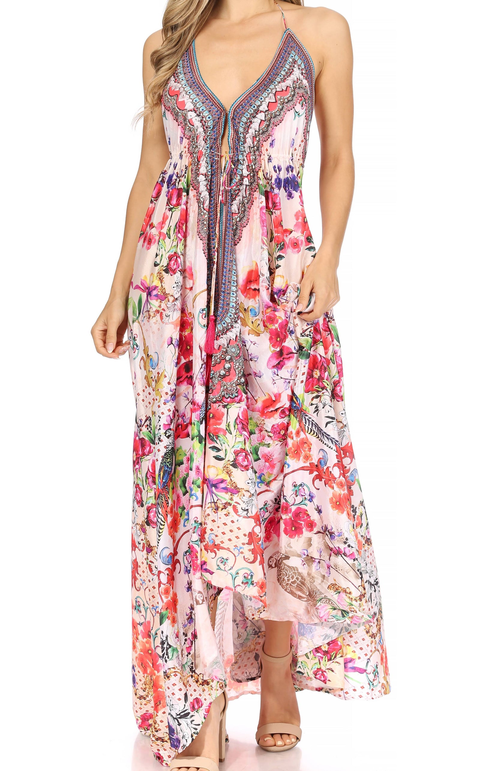 Vestido largo Sakkas Lizi para mujer, con cuello halter, corte alto y bajo, estilo pañuelo, para fiesta en la playa