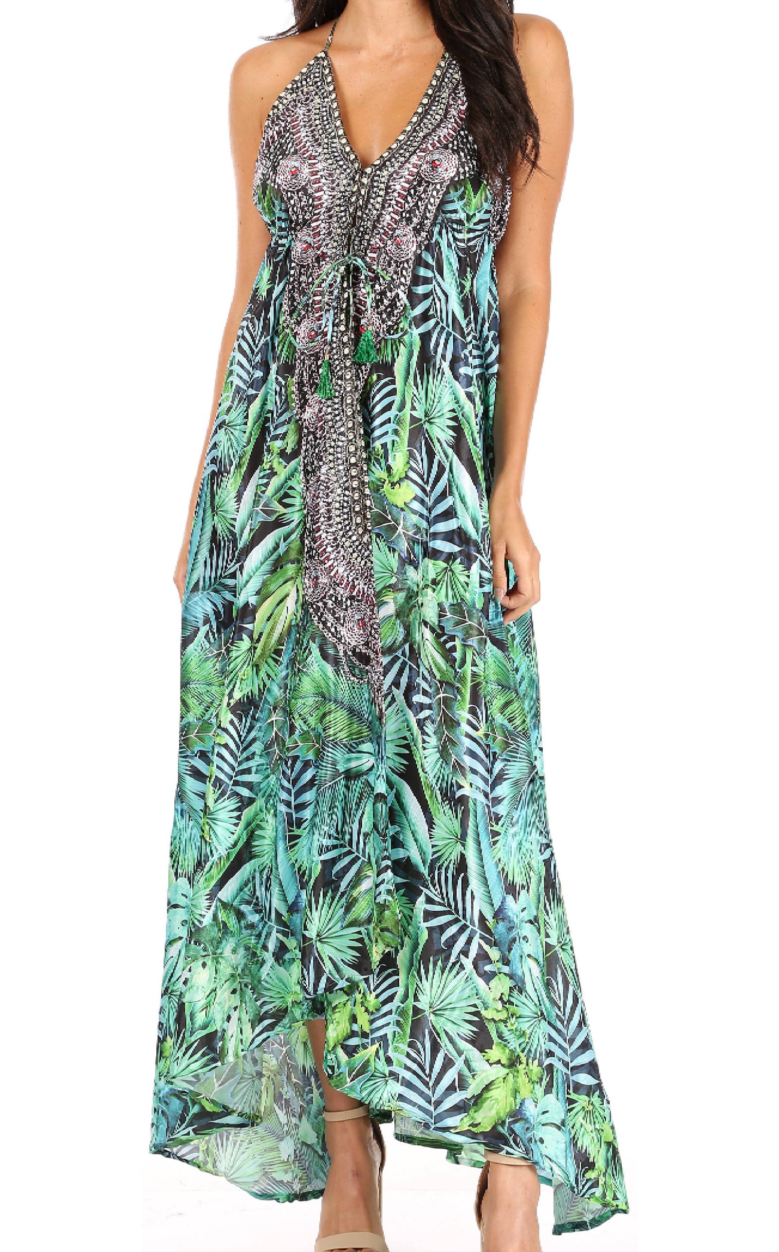 Vestido largo Sakkas Lizi para mujer, con cuello halter, corte alto y bajo, estilo pañuelo, para fiesta en la playa