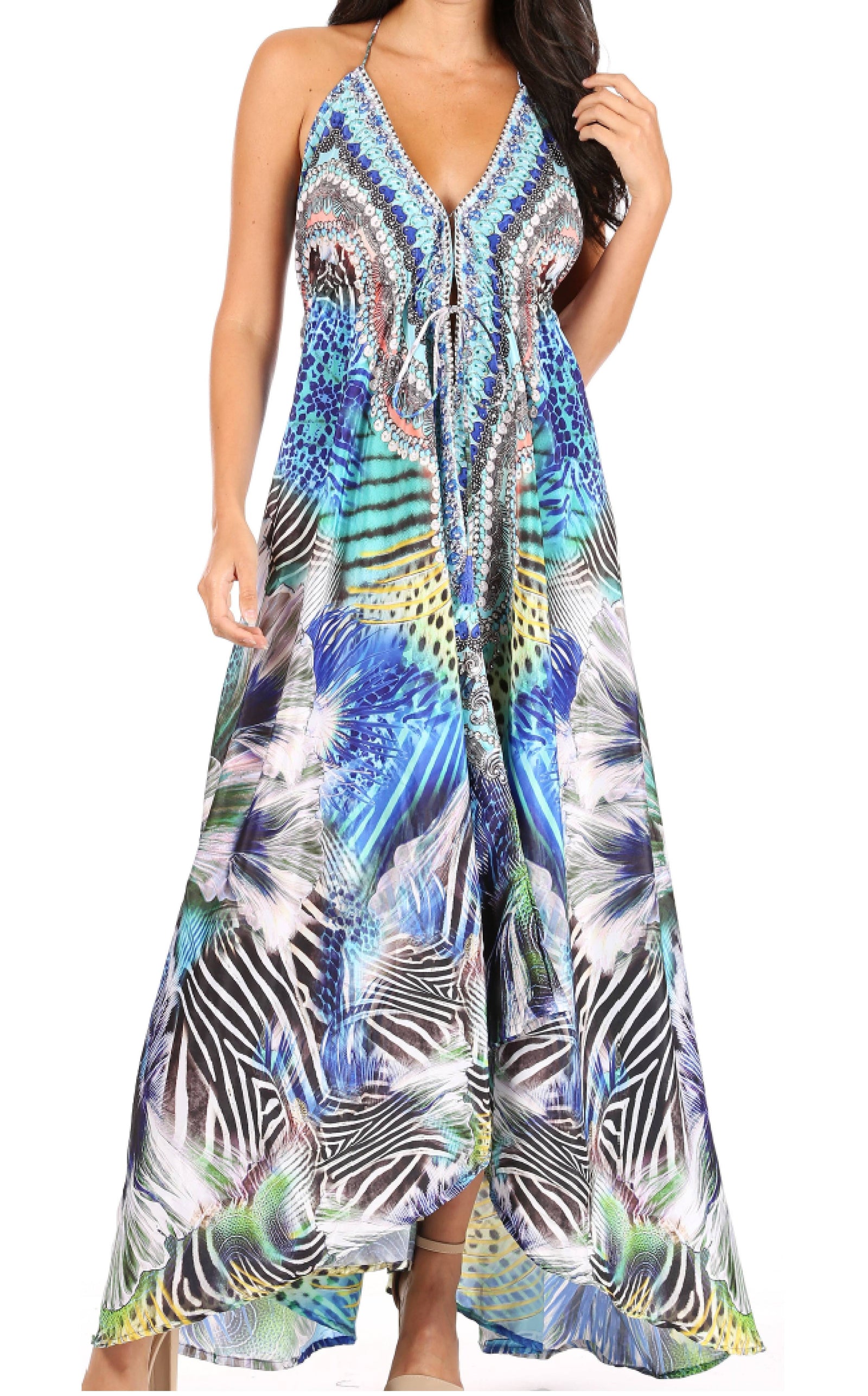 Vestido largo Sakkas Lizi para mujer, con cuello halter, corte alto y bajo, estilo pañuelo, para fiesta en la playa