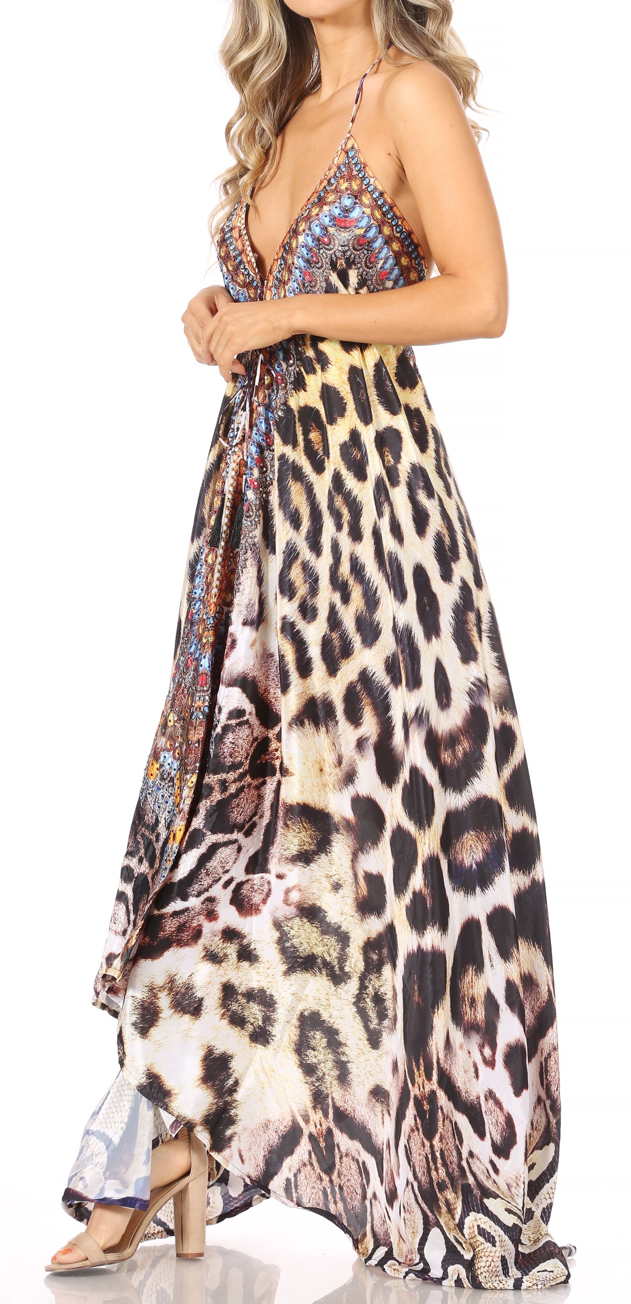 Vestido largo Sakkas Lizi para mujer, con cuello halter, corte alto y bajo, estilo pañuelo, para fiesta en la playa