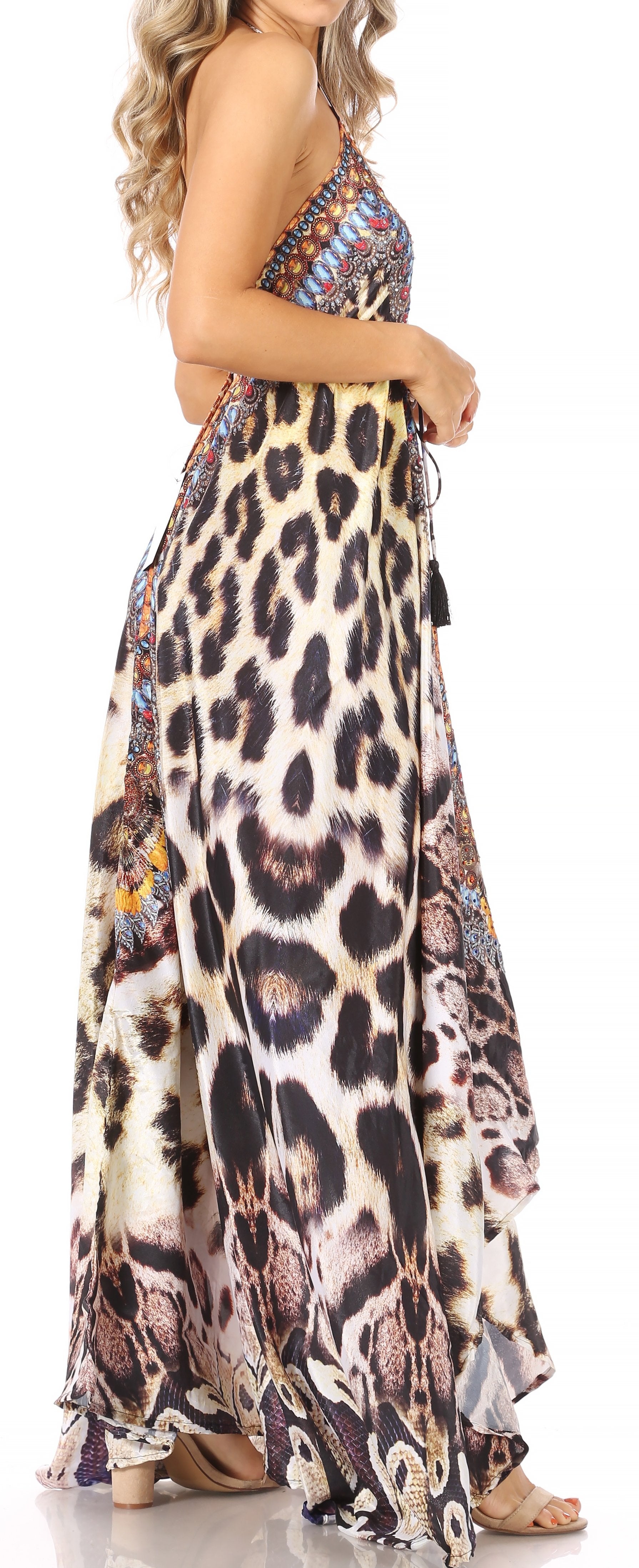 Vestido largo Sakkas Lizi para mujer, con cuello halter, corte alto y bajo, estilo pañuelo, para fiesta en la playa