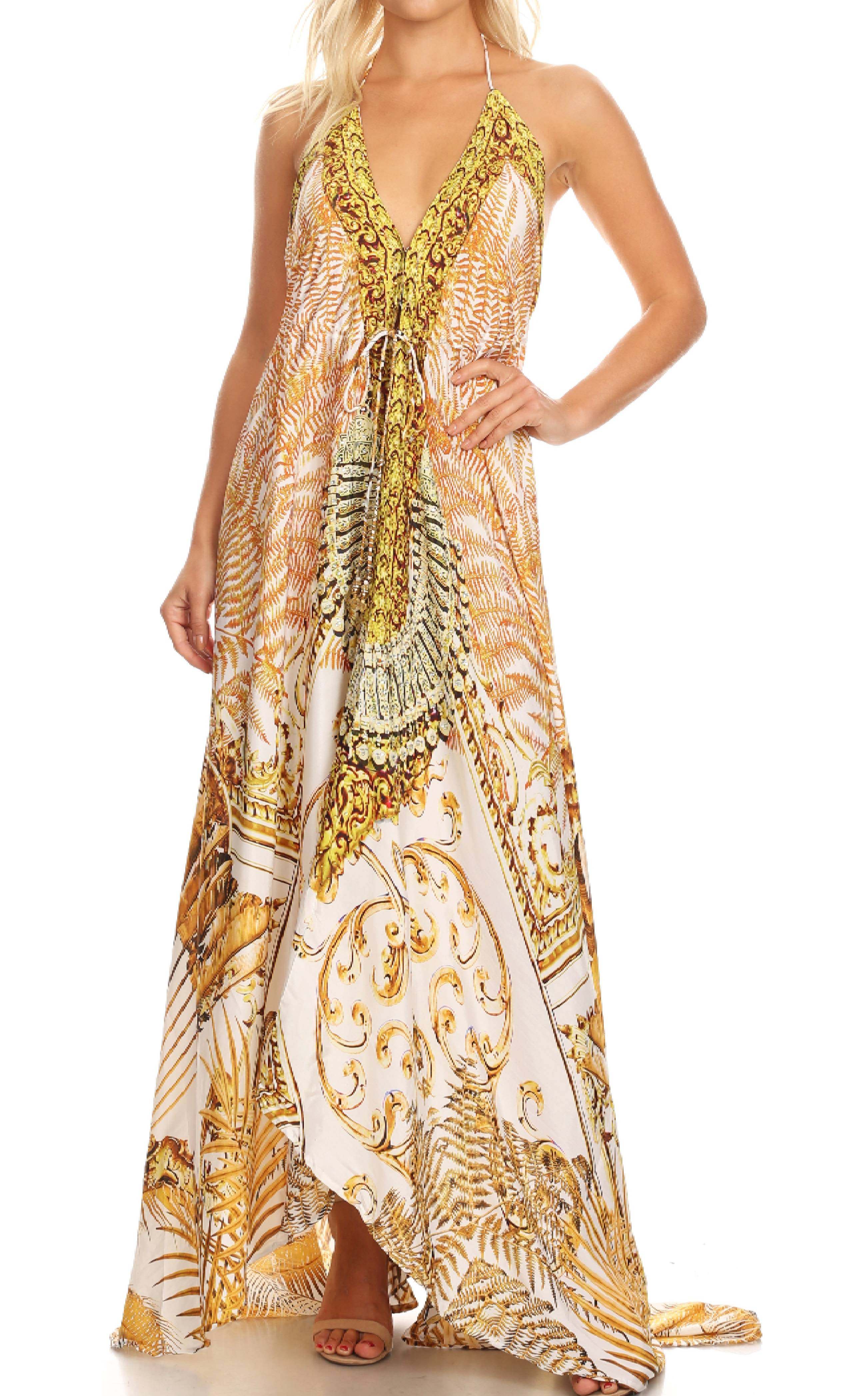 Vestido largo Sakkas Lizi para mujer, con cuello halter, corte alto y bajo, estilo pañuelo, para fiesta en la playa