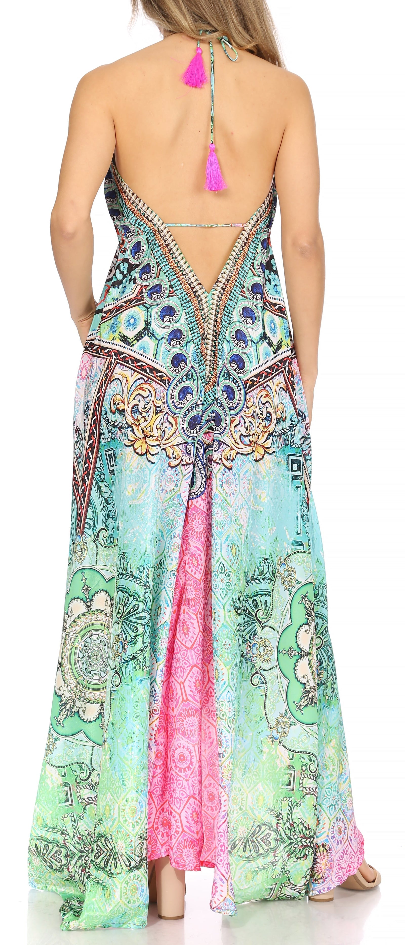 Vestido largo Sakkas Lizi para mujer, con cuello halter, corte alto y bajo, estilo pañuelo, para fiesta en la playa