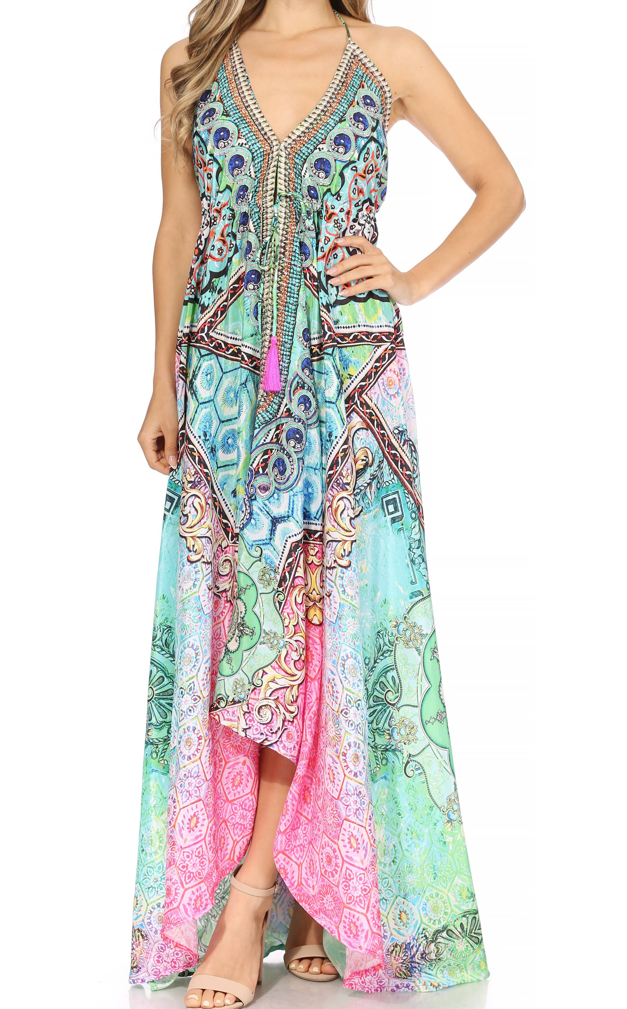 Vestido largo Sakkas Lizi para mujer, con cuello halter, corte alto y bajo, estilo pañuelo, para fiesta en la playa