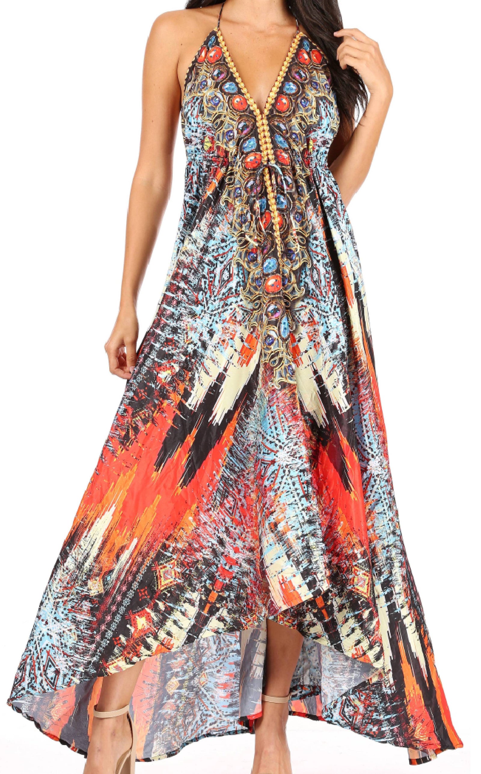 Vestido largo Sakkas Lizi para mujer, con cuello halter, corte alto y bajo, estilo pañuelo, para fiesta en la playa