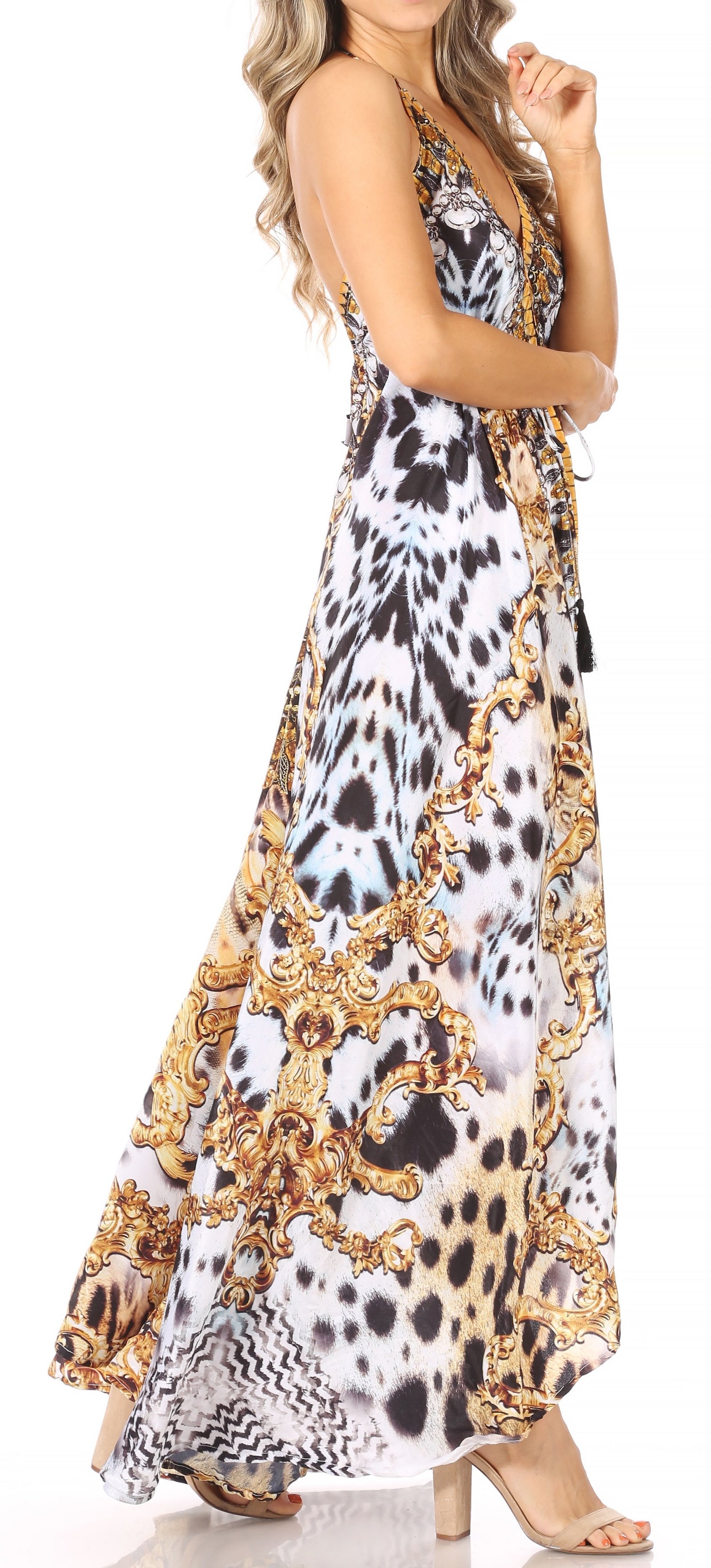Vestido largo Sakkas Lizi para mujer, con cuello halter, corte alto y bajo, estilo pañuelo, para fiesta en la playa