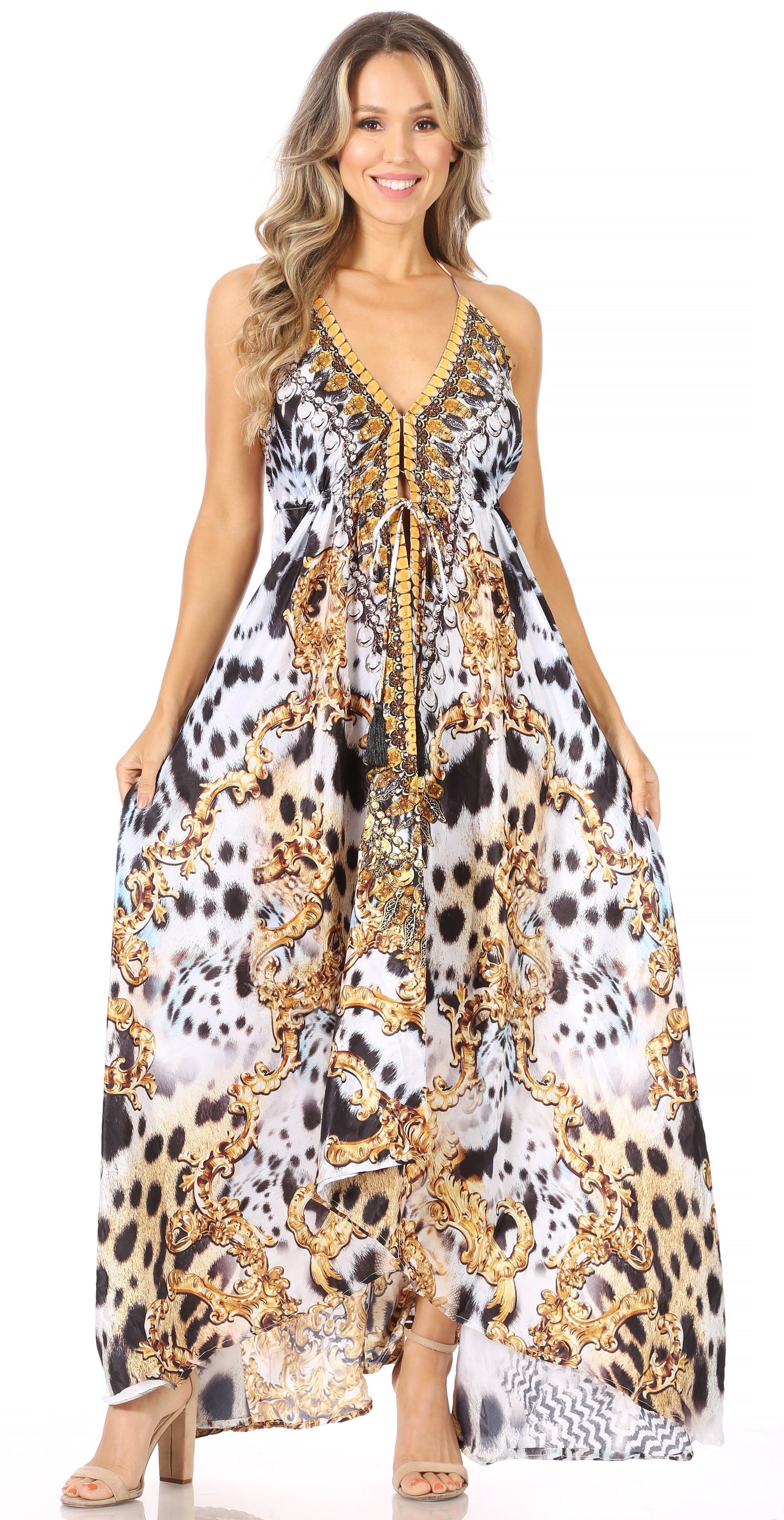 Vestido largo Sakkas Lizi para mujer, con cuello halter, corte alto y bajo, estilo pañuelo, para fiesta en la playa