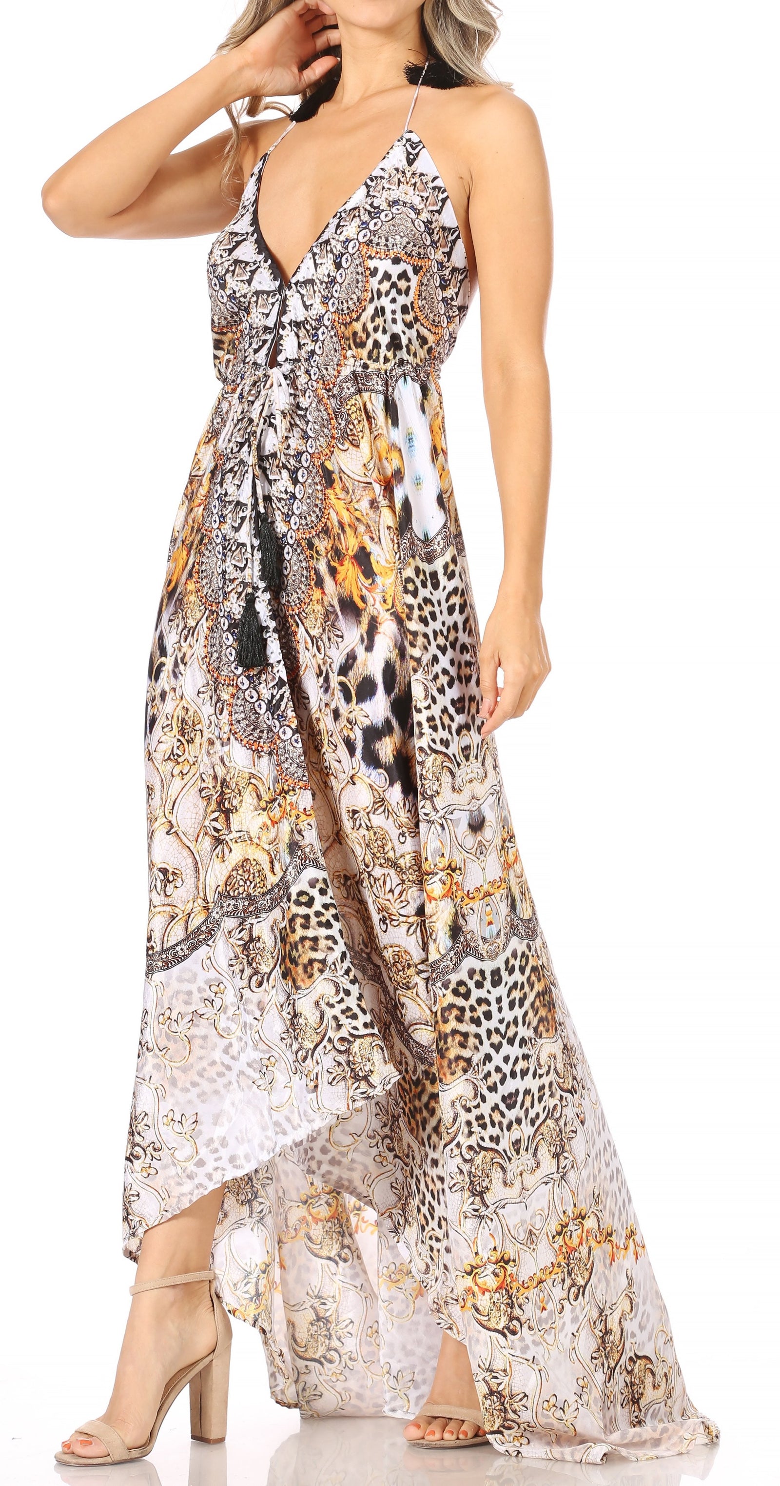 Vestido largo Sakkas Lizi para mujer, con cuello halter, corte alto y bajo, estilo pañuelo, para fiesta en la playa