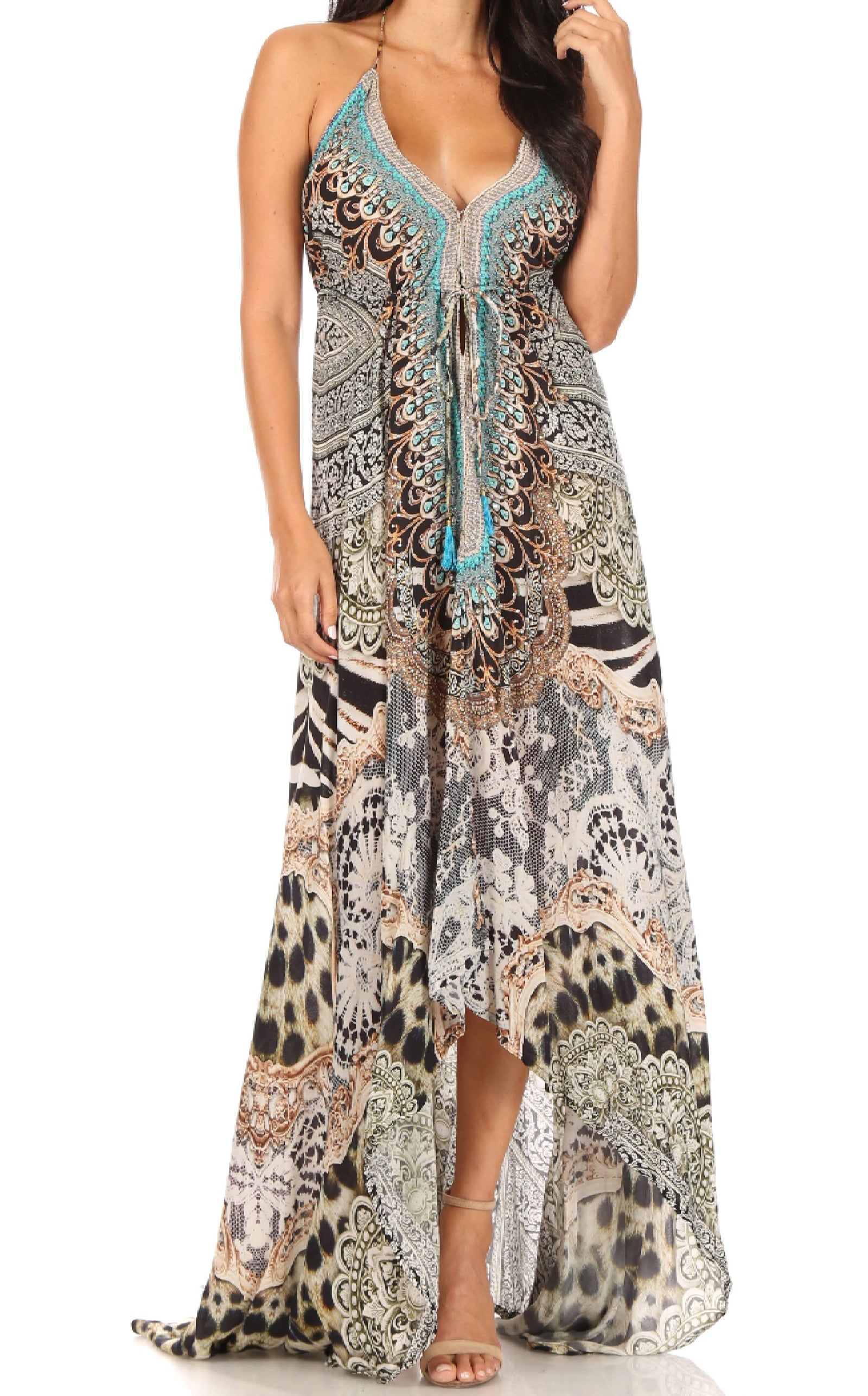Vestido largo Sakkas Lizi para mujer, con cuello halter, corte alto y bajo, estilo pañuelo, para fiesta en la playa