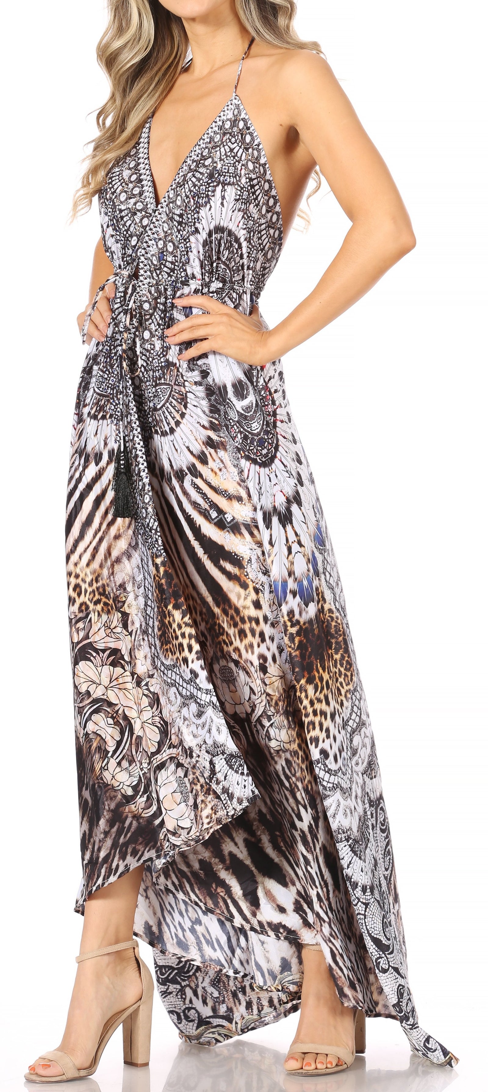 Vestido largo Sakkas Lizi para mujer, con cuello halter, corte alto y bajo, estilo pañuelo, para fiesta en la playa