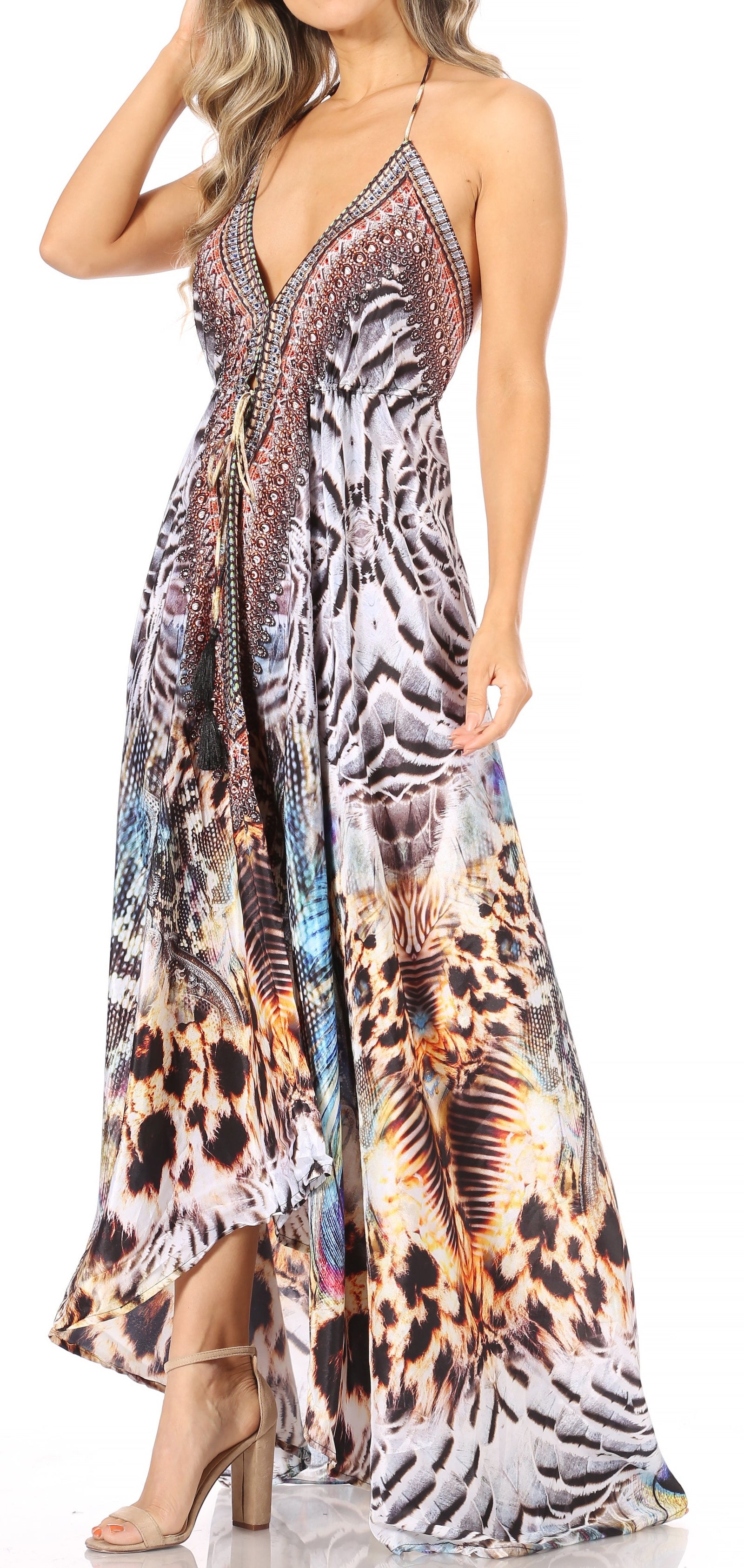Vestido largo Sakkas Lizi para mujer, con cuello halter, corte alto y bajo, estilo pañuelo, para fiesta en la playa