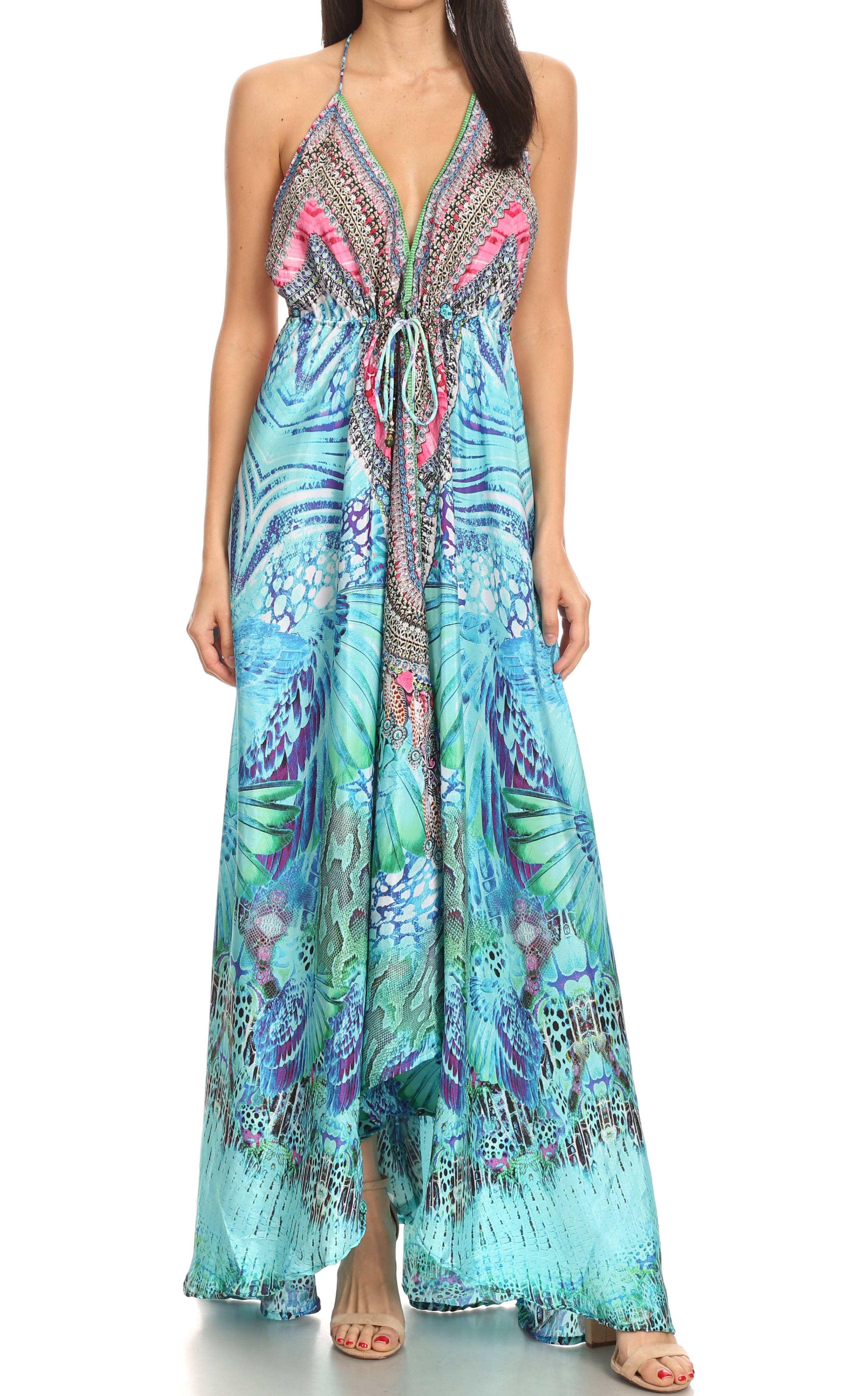 Vestido largo Sakkas Lizi para mujer, con cuello halter, corte alto y bajo, estilo pañuelo, para fiesta en la playa