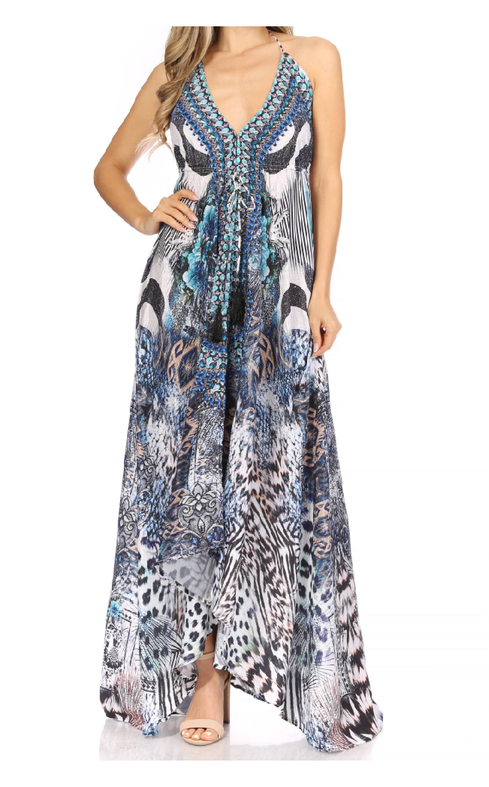 Vestido largo Sakkas Lizi para mujer, con cuello halter, corte alto y bajo, estilo pañuelo, para fiesta en la playa