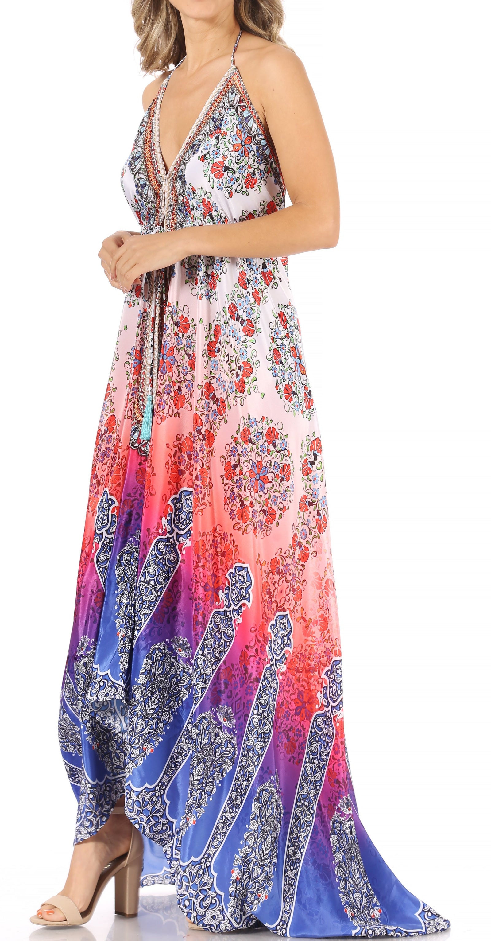 Vestido largo Sakkas Lizi para mujer, con cuello halter, corte alto y bajo, estilo pañuelo, para fiesta en la playa