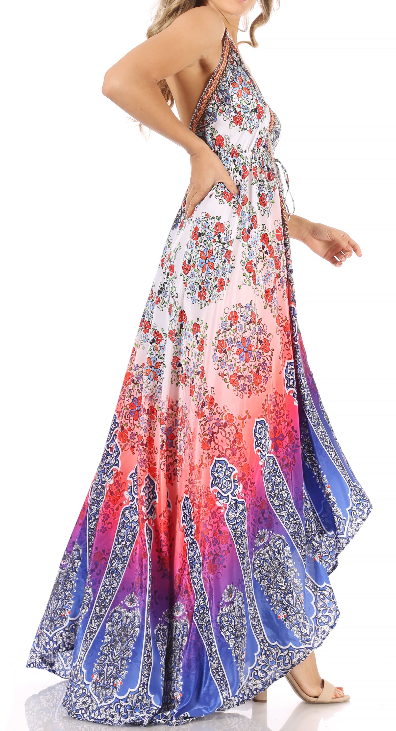 Vestido largo Sakkas Lizi para mujer, con cuello halter, corte alto y bajo, estilo pañuelo, para fiesta en la playa