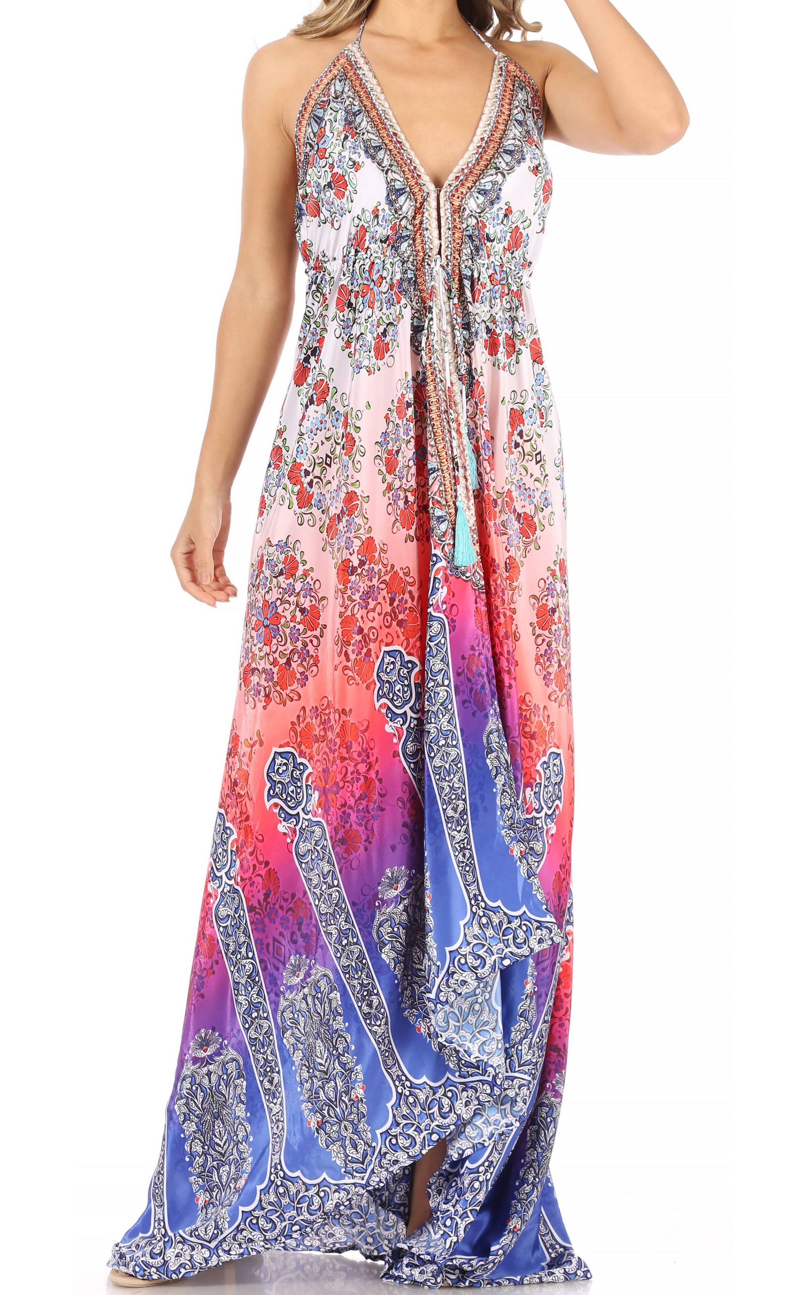 Vestido largo Sakkas Lizi para mujer, con cuello halter, corte alto y bajo, estilo pañuelo, para fiesta en la playa