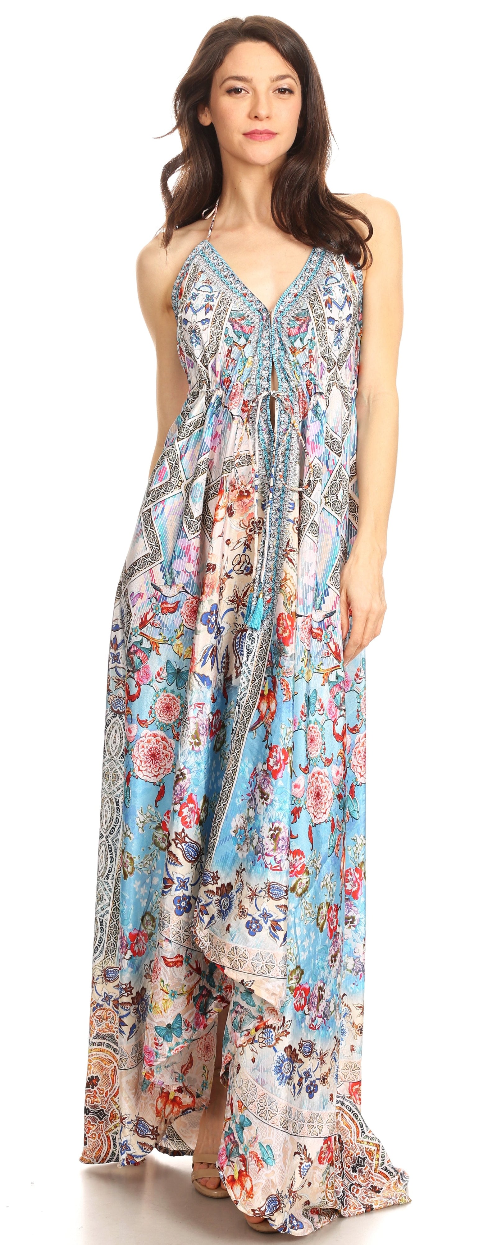 Vestido largo Sakkas Lizi para mujer, con cuello halter, corte alto y bajo, estilo pañuelo, para fiesta en la playa