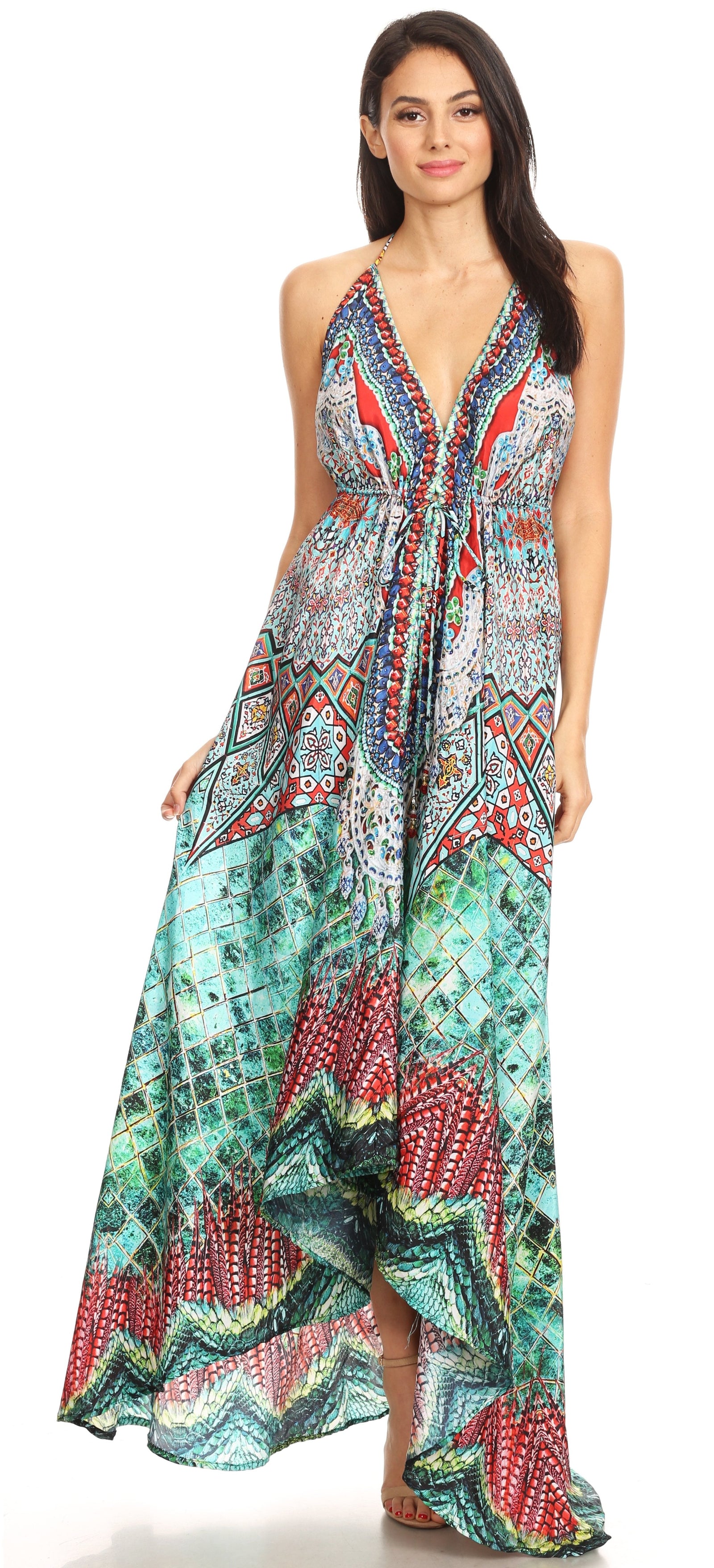 Vestido largo Sakkas Lizi para mujer, con cuello halter, corte alto y bajo, estilo pañuelo, para fiesta en la playa