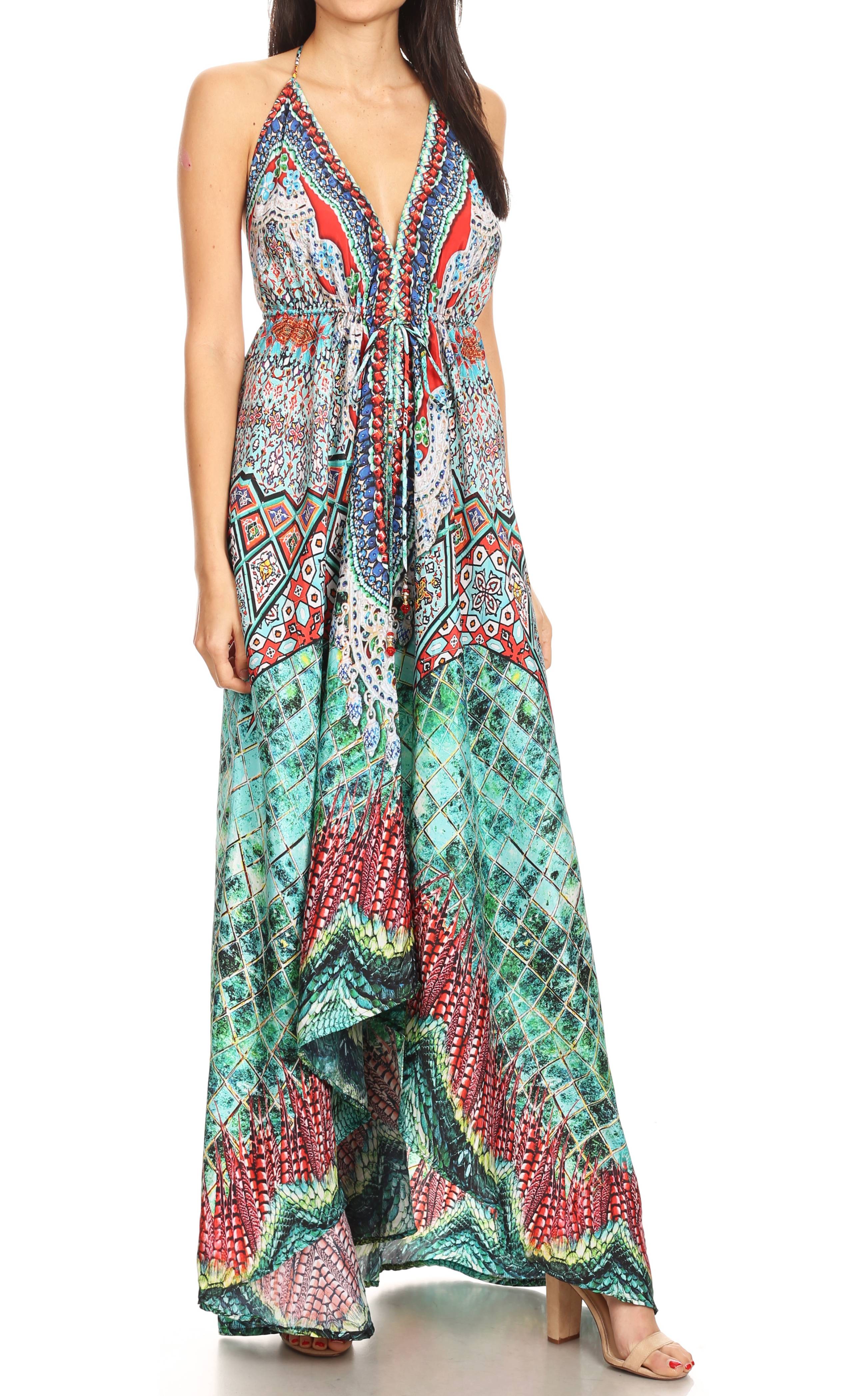 Vestido largo Sakkas Lizi para mujer, con cuello halter, corte alto y bajo, estilo pañuelo, para fiesta en la playa