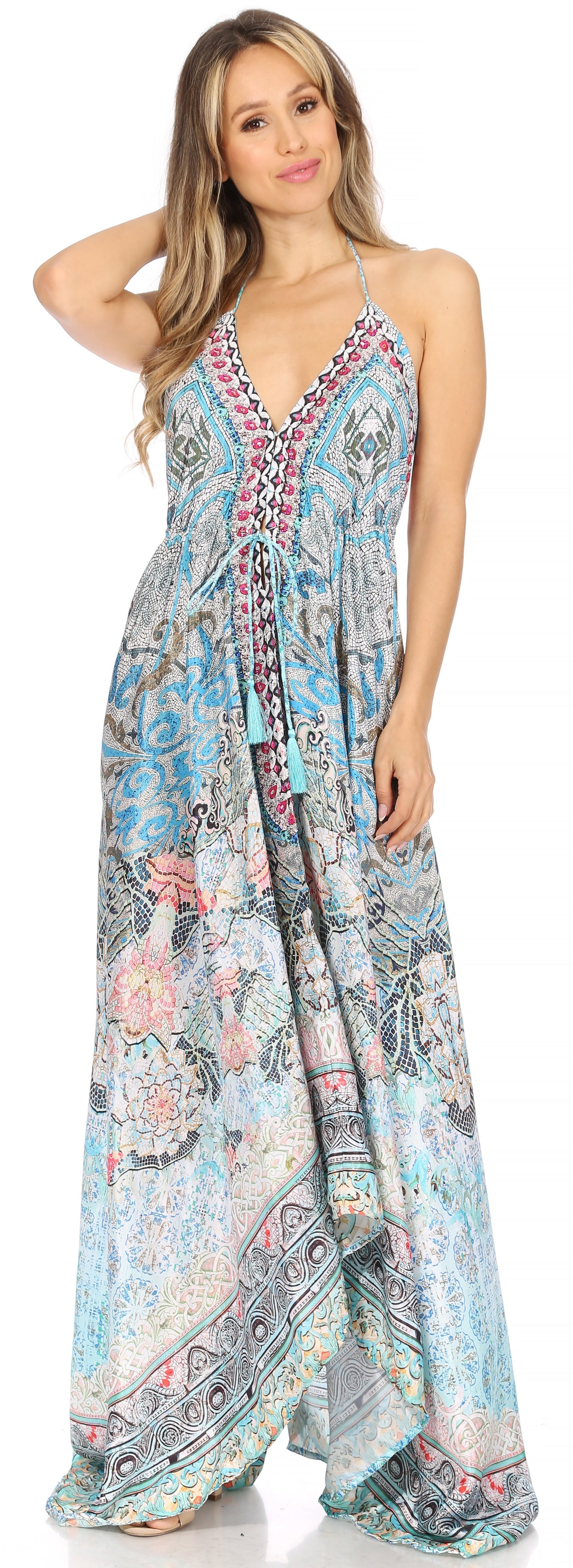 Vestido largo Sakkas Lizi para mujer, con cuello halter, corte alto y bajo, estilo pañuelo, para fiesta en la playa
