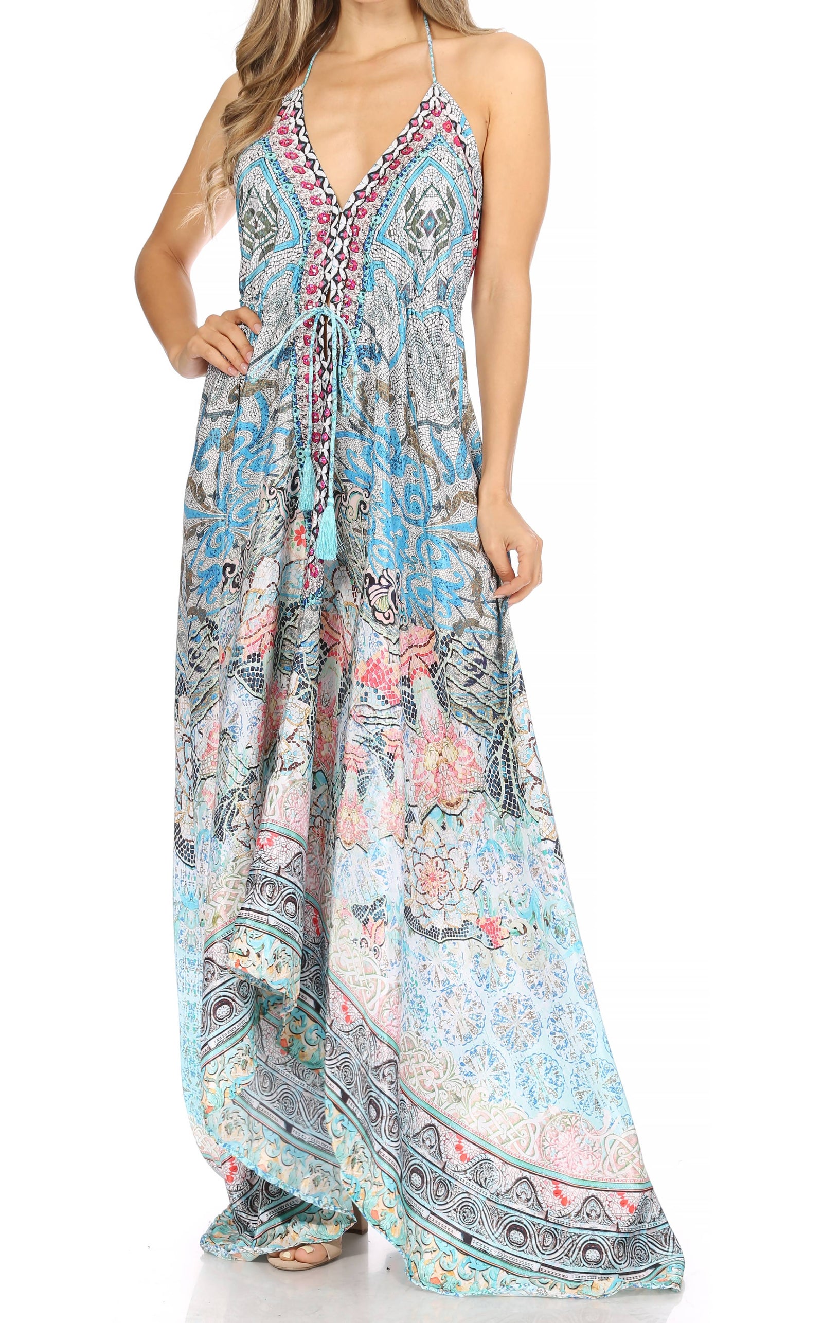 Vestido largo Sakkas Lizi para mujer, con cuello halter, corte alto y bajo, estilo pañuelo, para fiesta en la playa