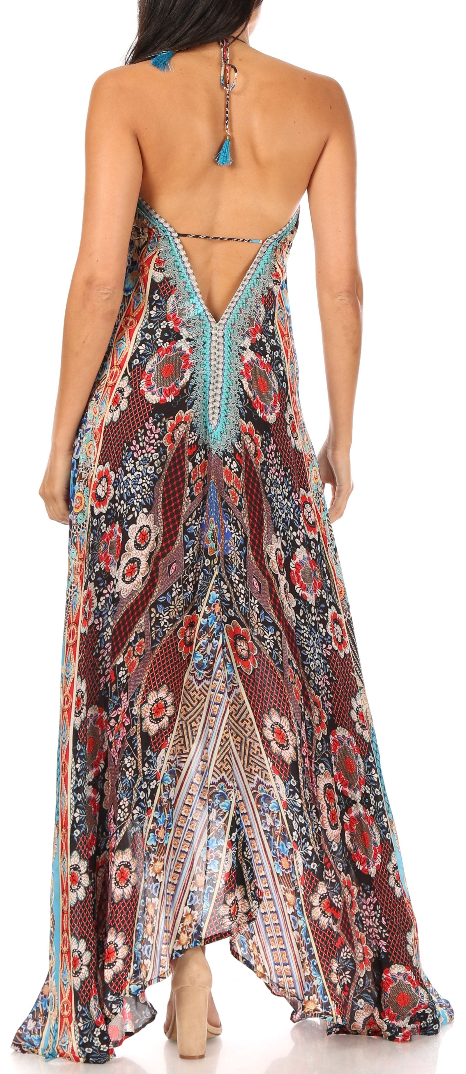 Vestido largo Sakkas Lizi para mujer, con cuello halter, corte alto y bajo, estilo pañuelo, para fiesta en la playa