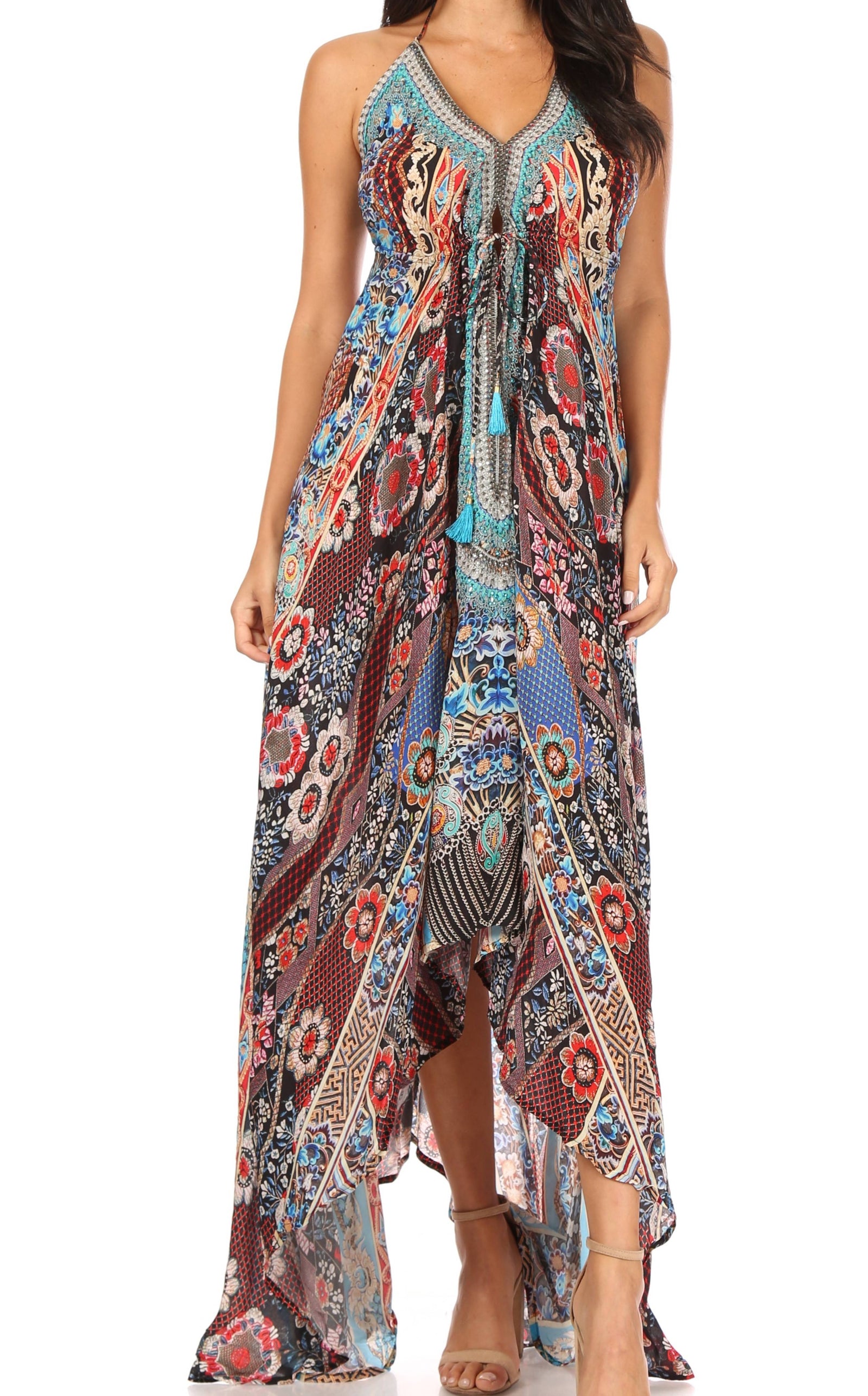 Vestido largo Sakkas Lizi para mujer, con cuello halter, corte alto y bajo, estilo pañuelo, para fiesta en la playa