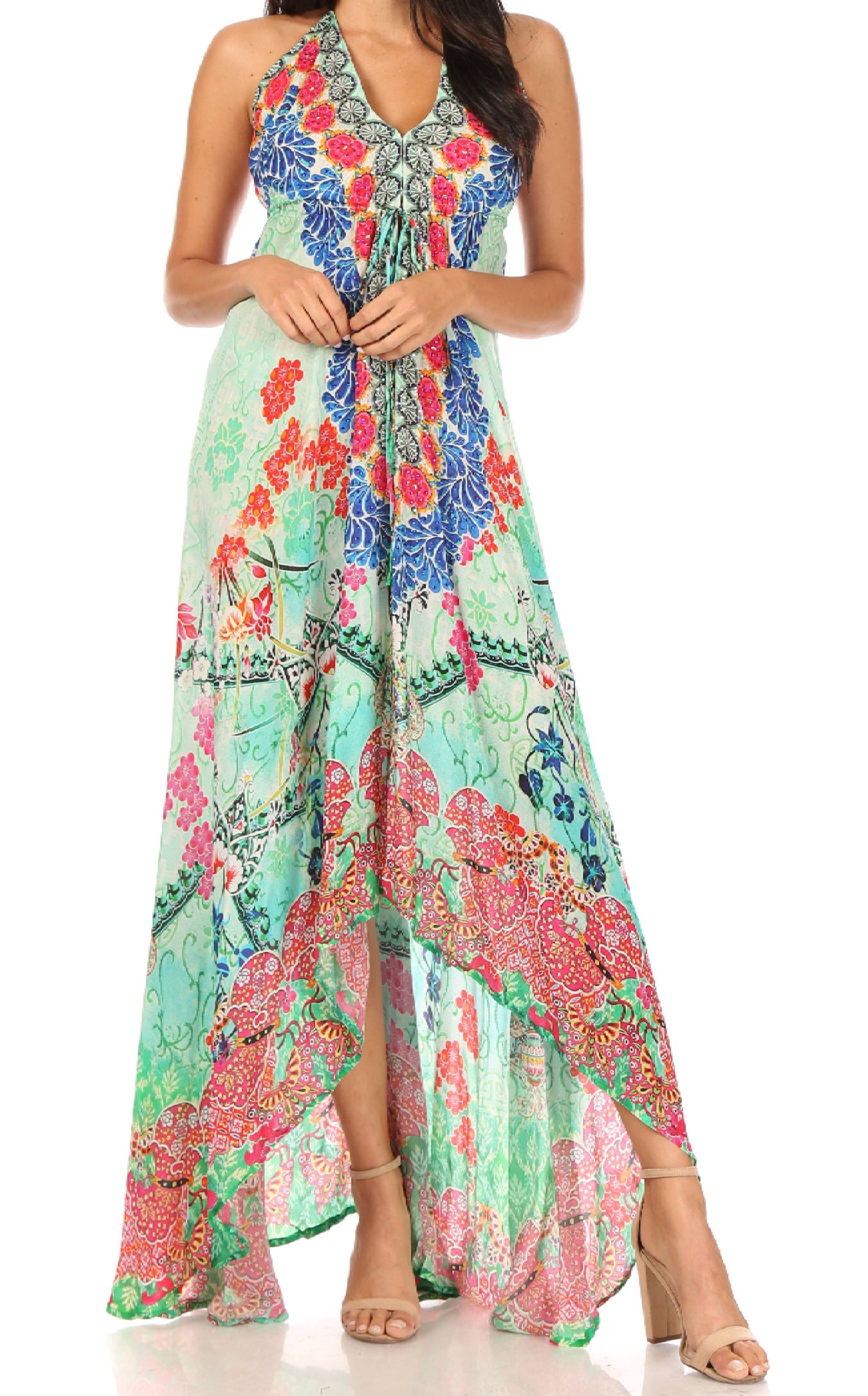 Vestido largo Sakkas Lizi para mujer, con cuello halter, corte alto y bajo, estilo pañuelo, para fiesta en la playa