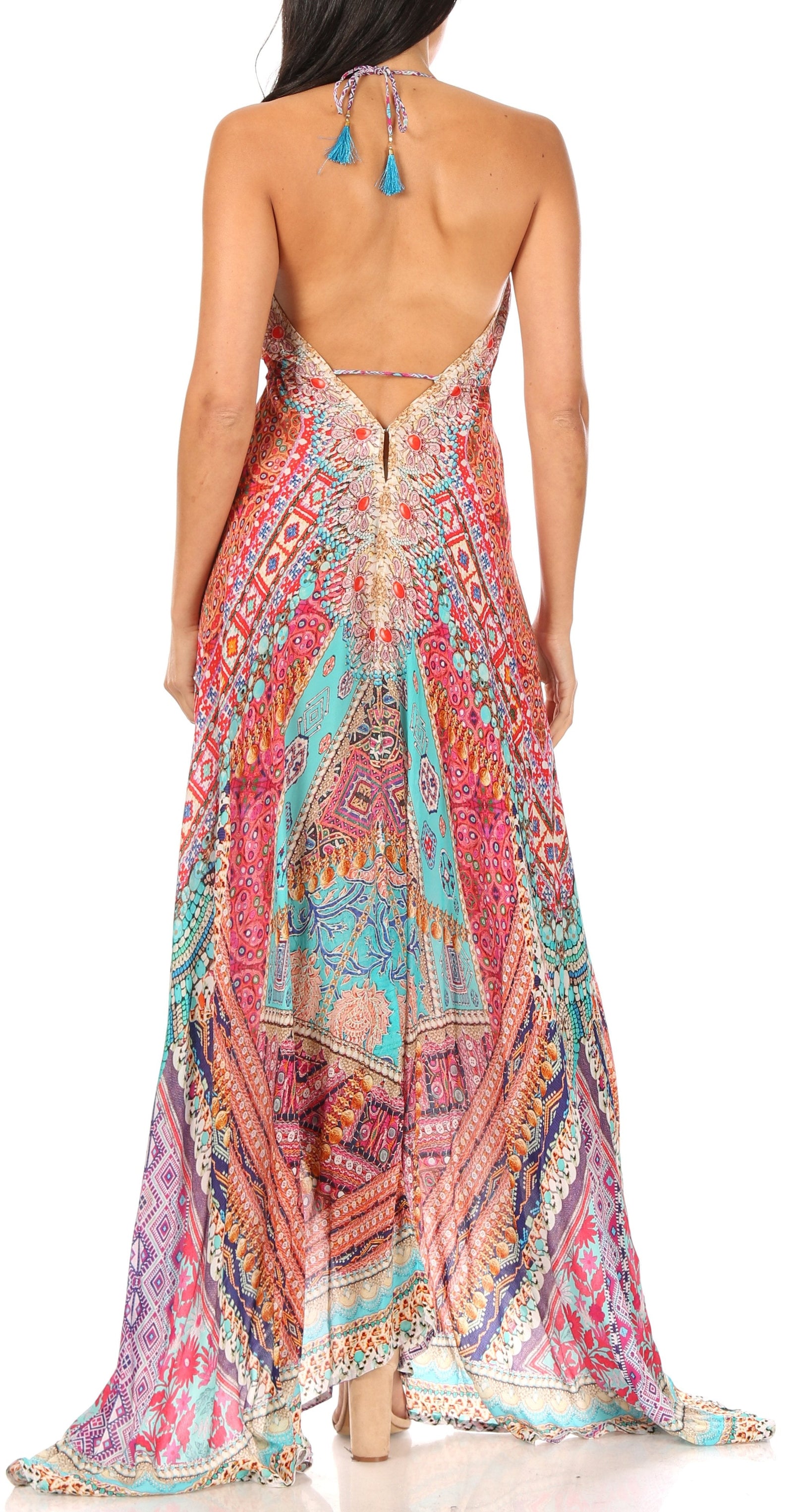 Vestido largo Sakkas Lizi para mujer, con cuello halter, corte alto y bajo, estilo pañuelo, para fiesta en la playa