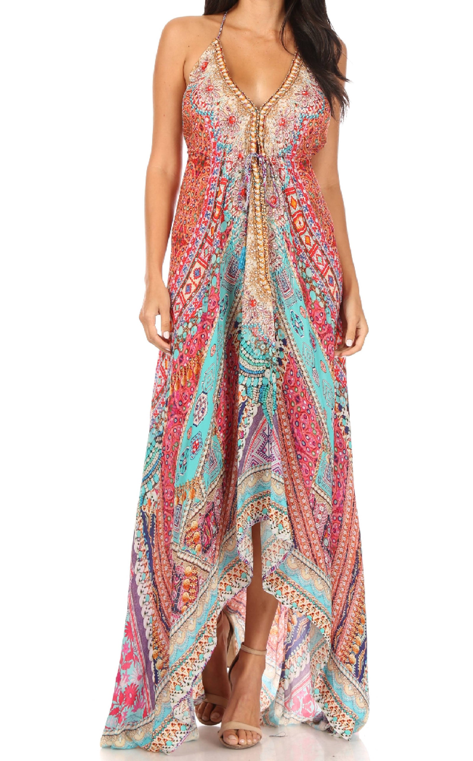 Vestido largo Sakkas Lizi para mujer, con cuello halter, corte alto y bajo, estilo pañuelo, para fiesta en la playa