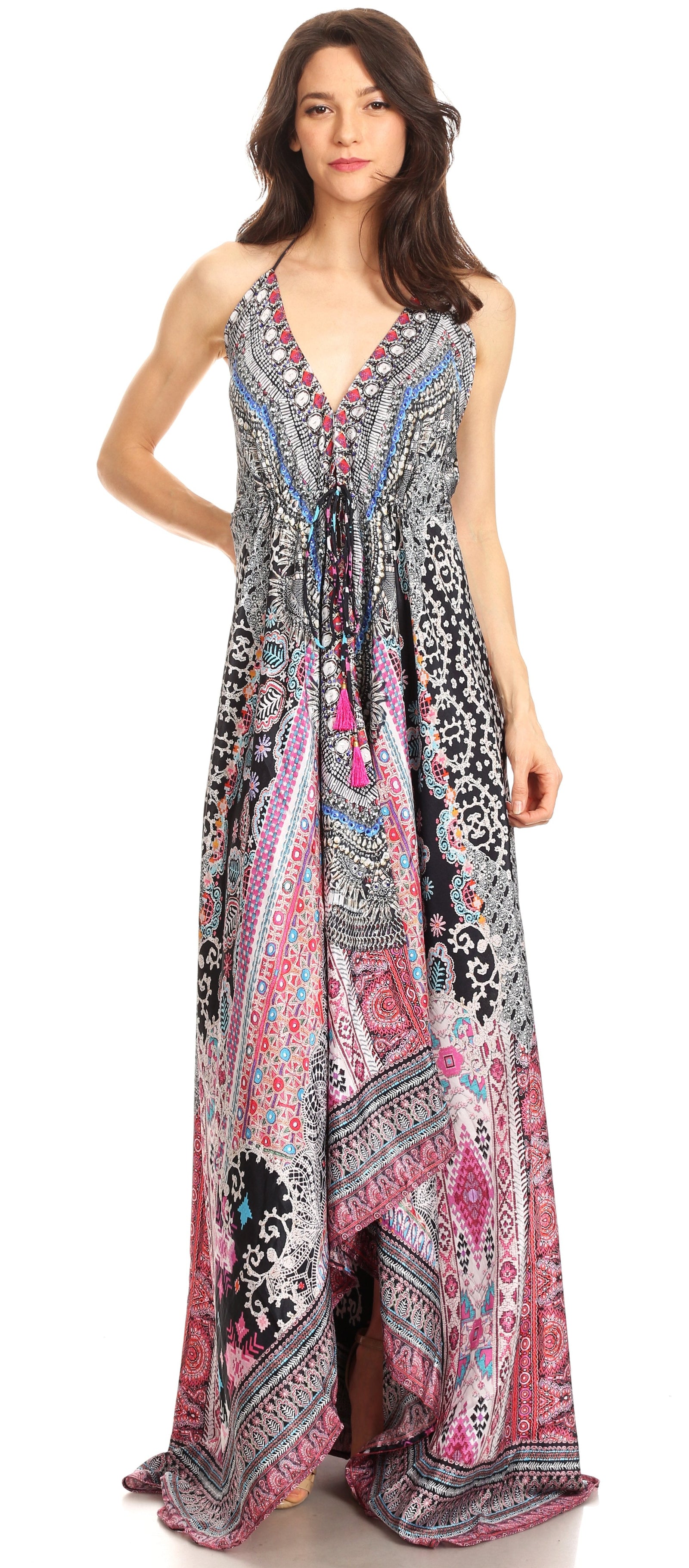 Vestido largo Sakkas Lizi para mujer, con cuello halter, corte alto y bajo, estilo pañuelo, para fiesta en la playa