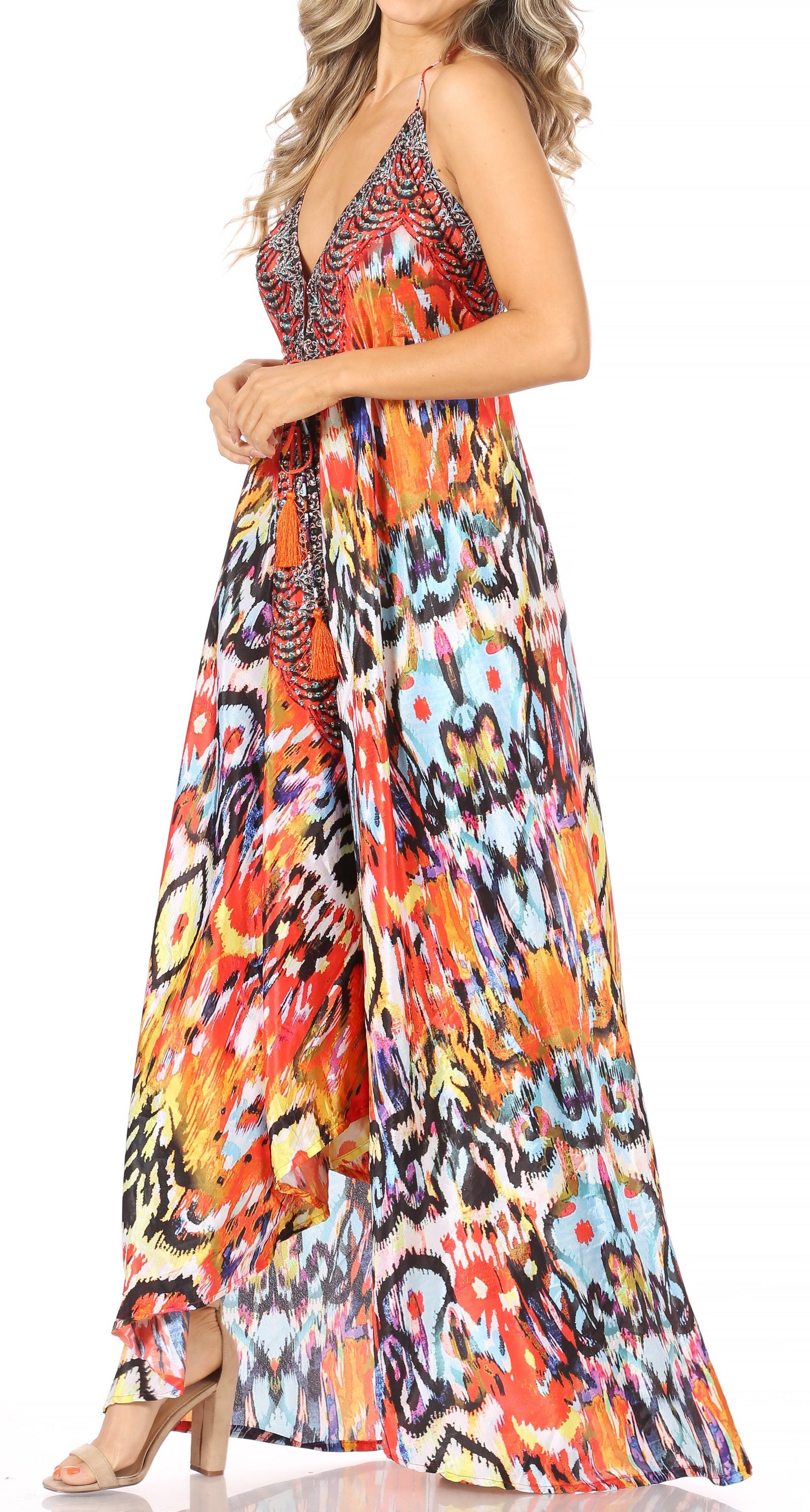Vestido largo Sakkas Lizi para mujer, con cuello halter, corte alto y bajo, estilo pañuelo, para fiesta en la playa