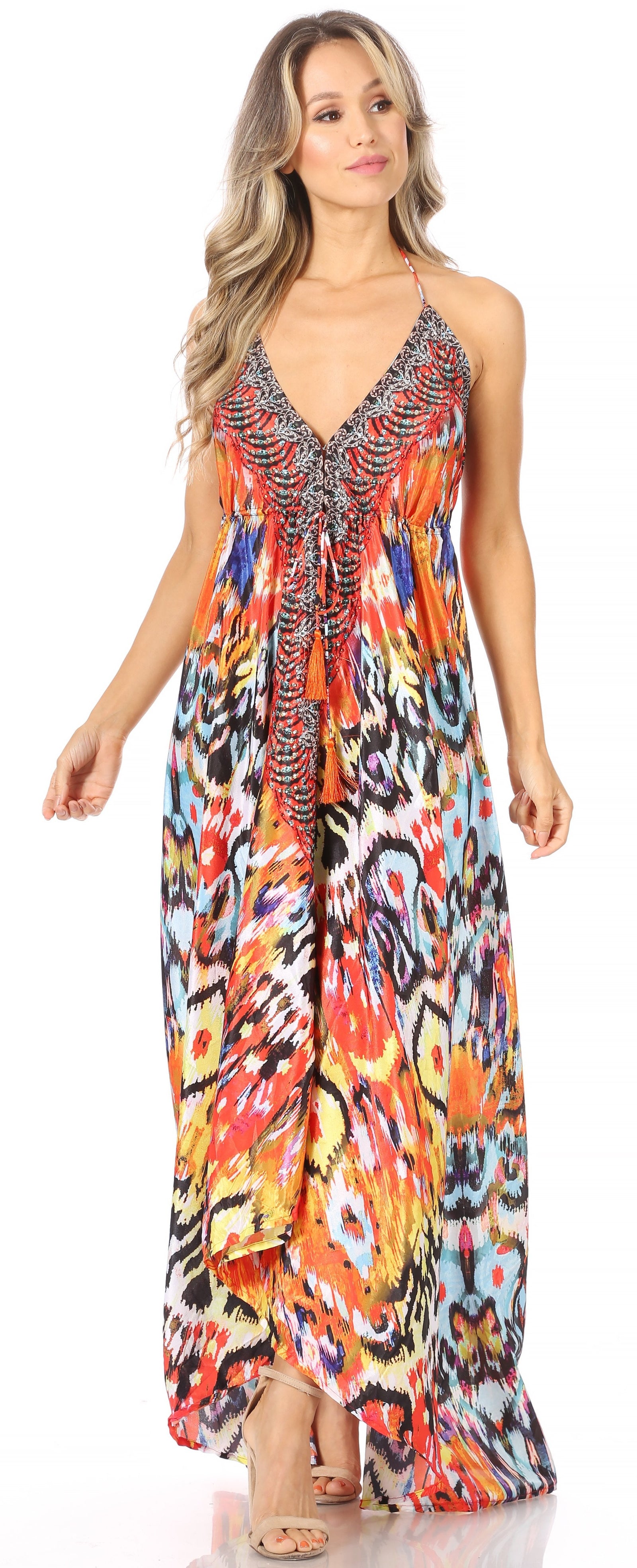 Vestido largo Sakkas Lizi para mujer, con cuello halter, corte alto y bajo, estilo pañuelo, para fiesta en la playa
