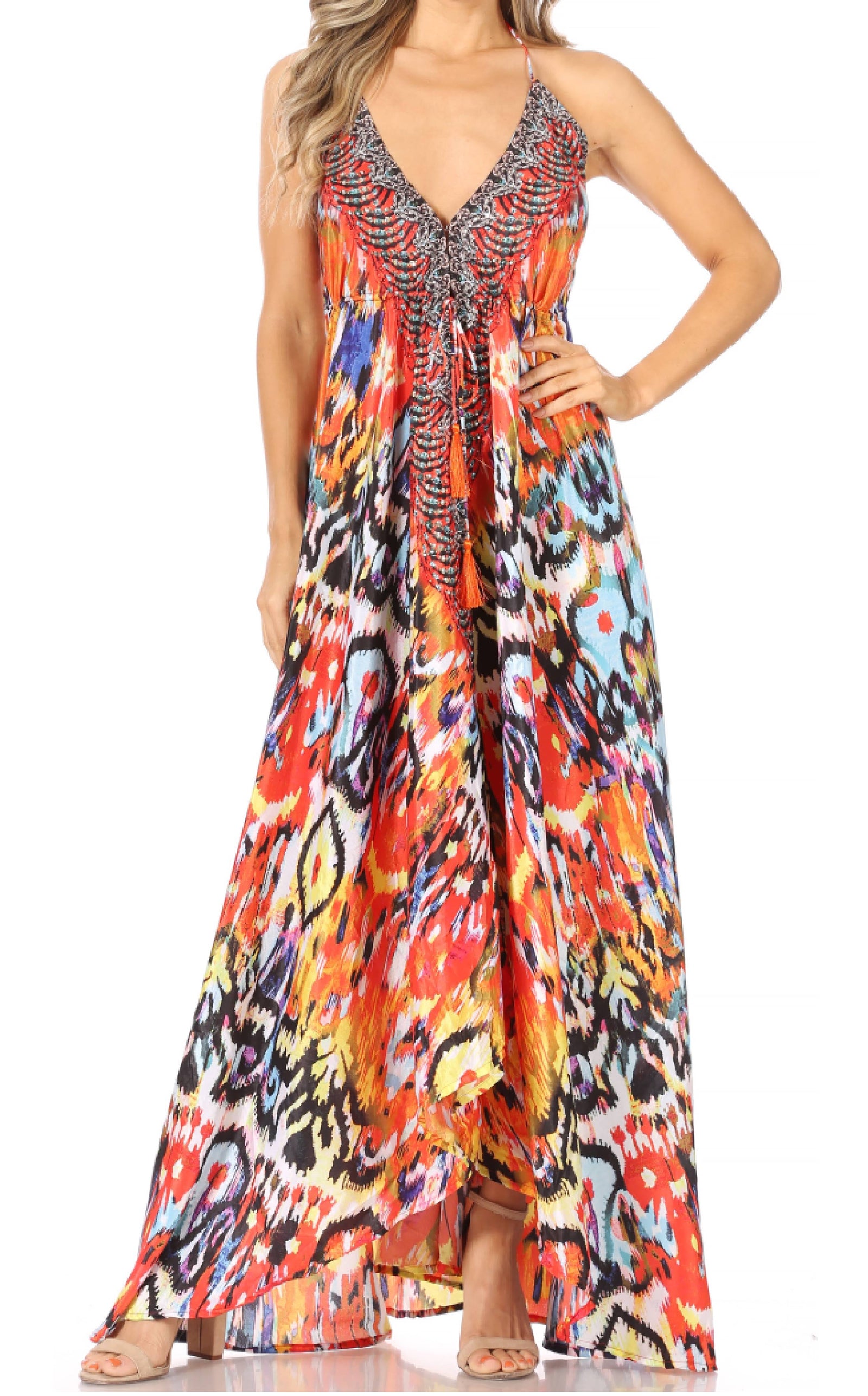Vestido largo Sakkas Lizi para mujer, con cuello halter, corte alto y bajo, estilo pañuelo, para fiesta en la playa