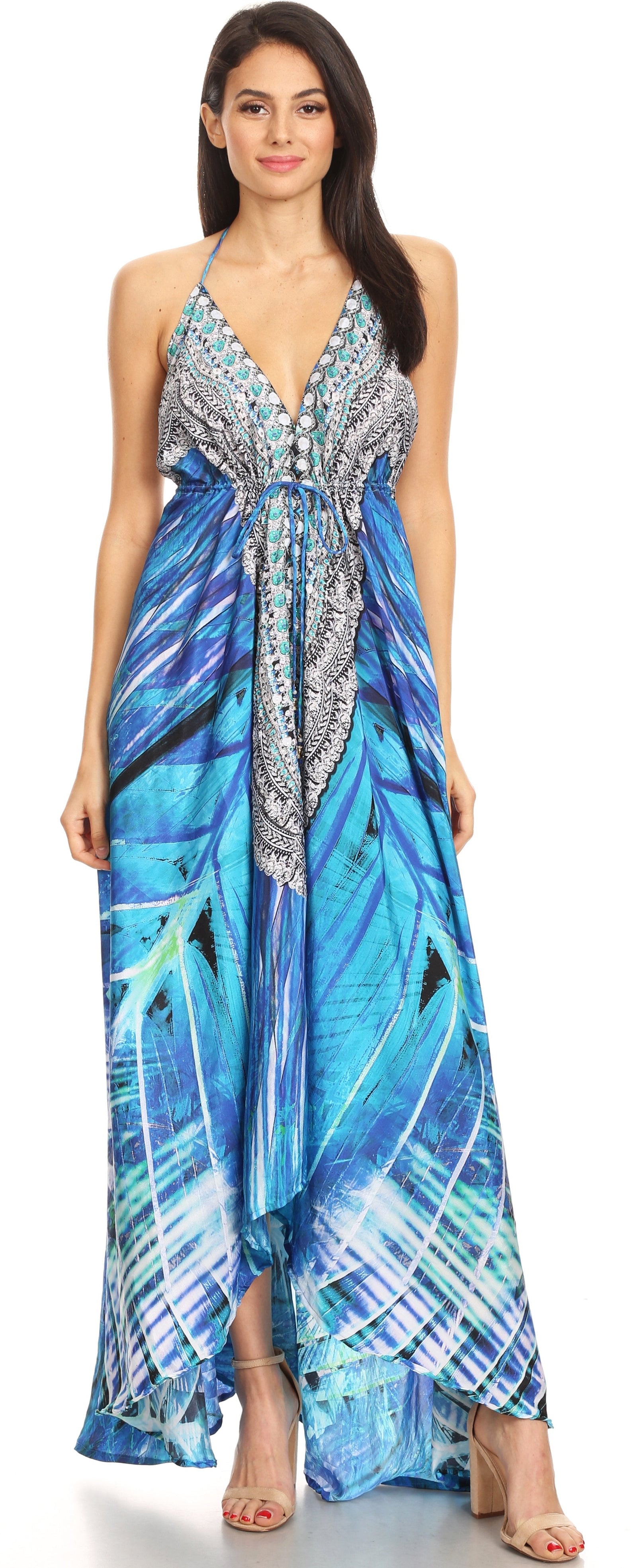 Vestido largo Sakkas Lizi para mujer, con cuello halter, corte alto y bajo, estilo pañuelo, para fiesta en la playa