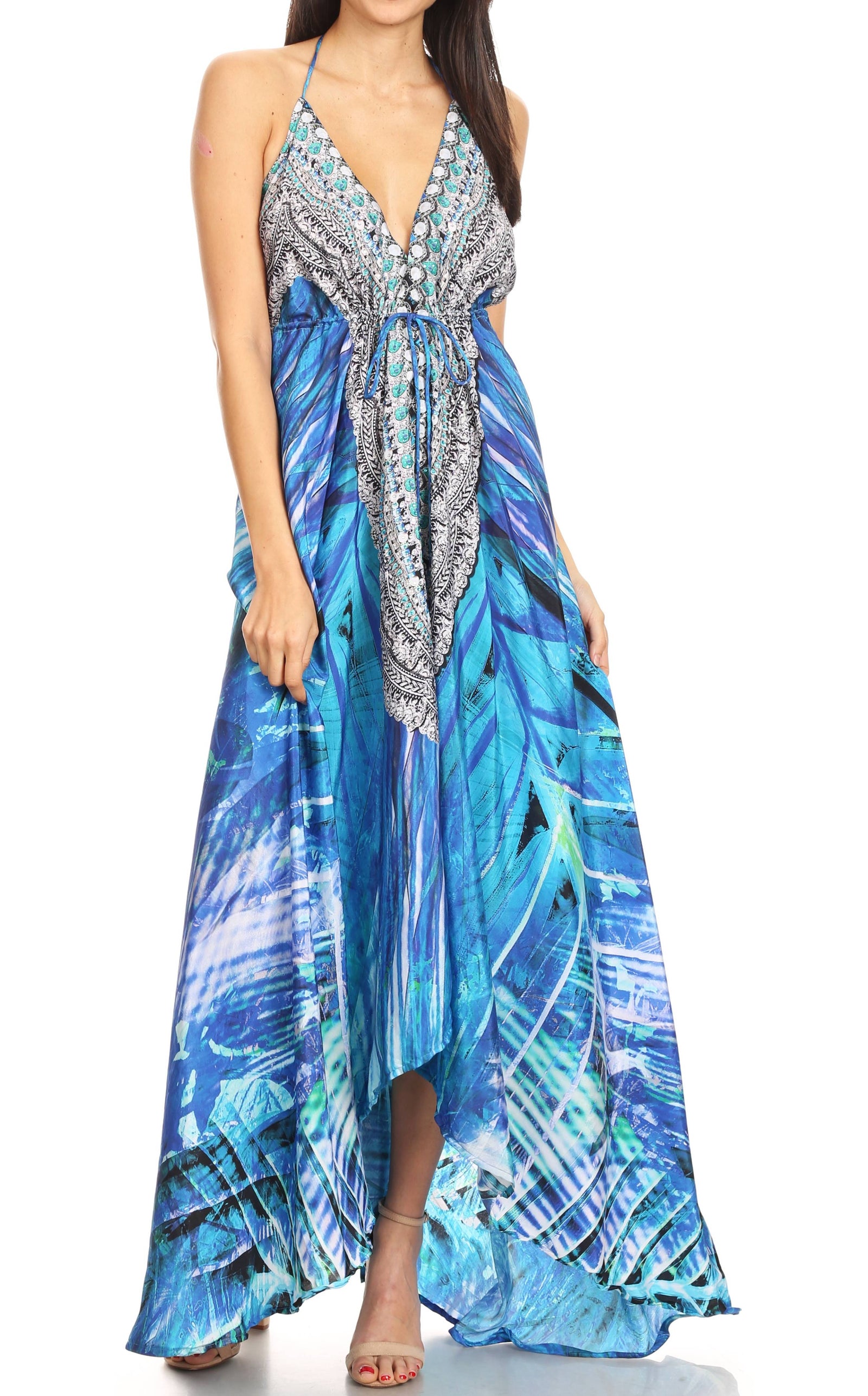 Vestido largo Sakkas Lizi para mujer, con cuello halter, corte alto y bajo, estilo pañuelo, para fiesta en la playa