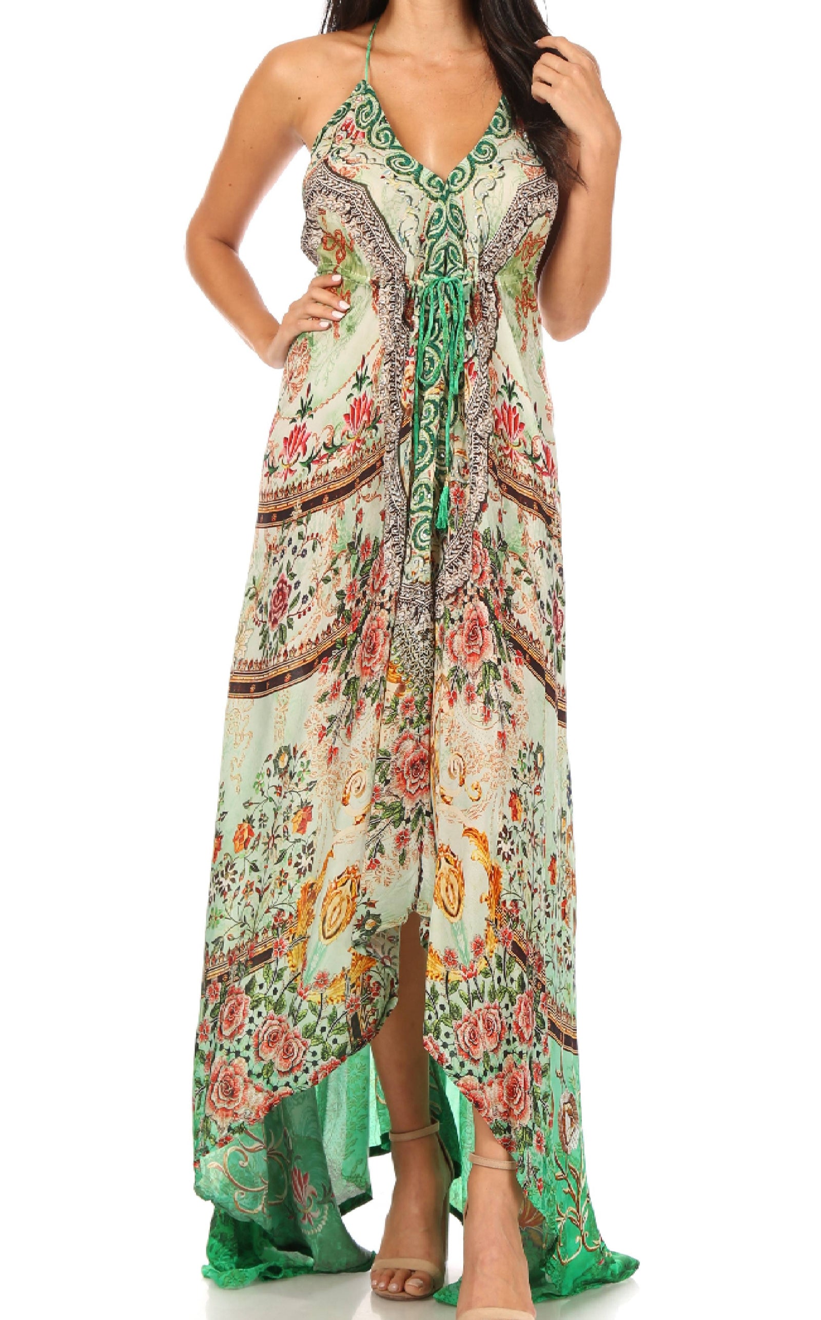 Vestido largo Sakkas Lizi para mujer, con cuello halter, corte alto y bajo, estilo pañuelo, para fiesta en la playa