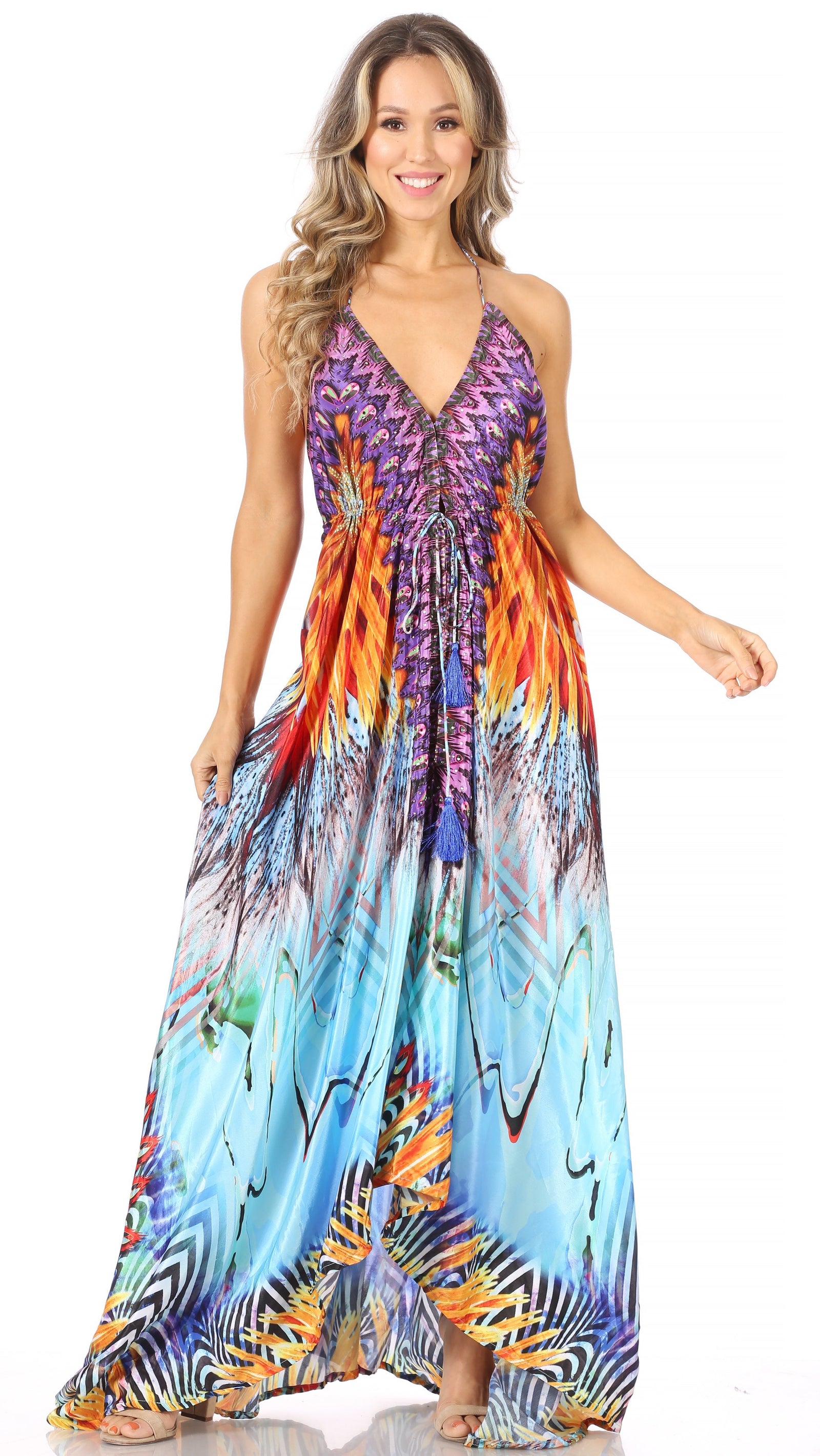 Vestido largo Sakkas Lizi para mujer, con cuello halter, corte alto y bajo, estilo pañuelo, para fiesta en la playa