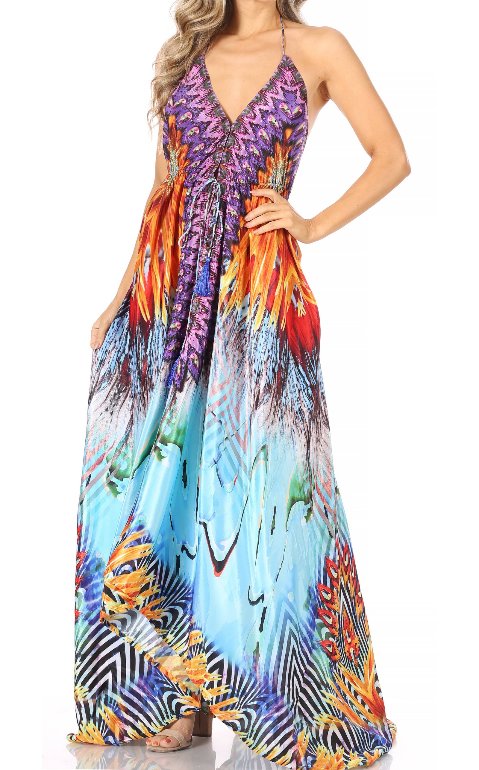Vestido largo Sakkas Lizi para mujer, con cuello halter, corte alto y bajo, estilo pañuelo, para fiesta en la playa