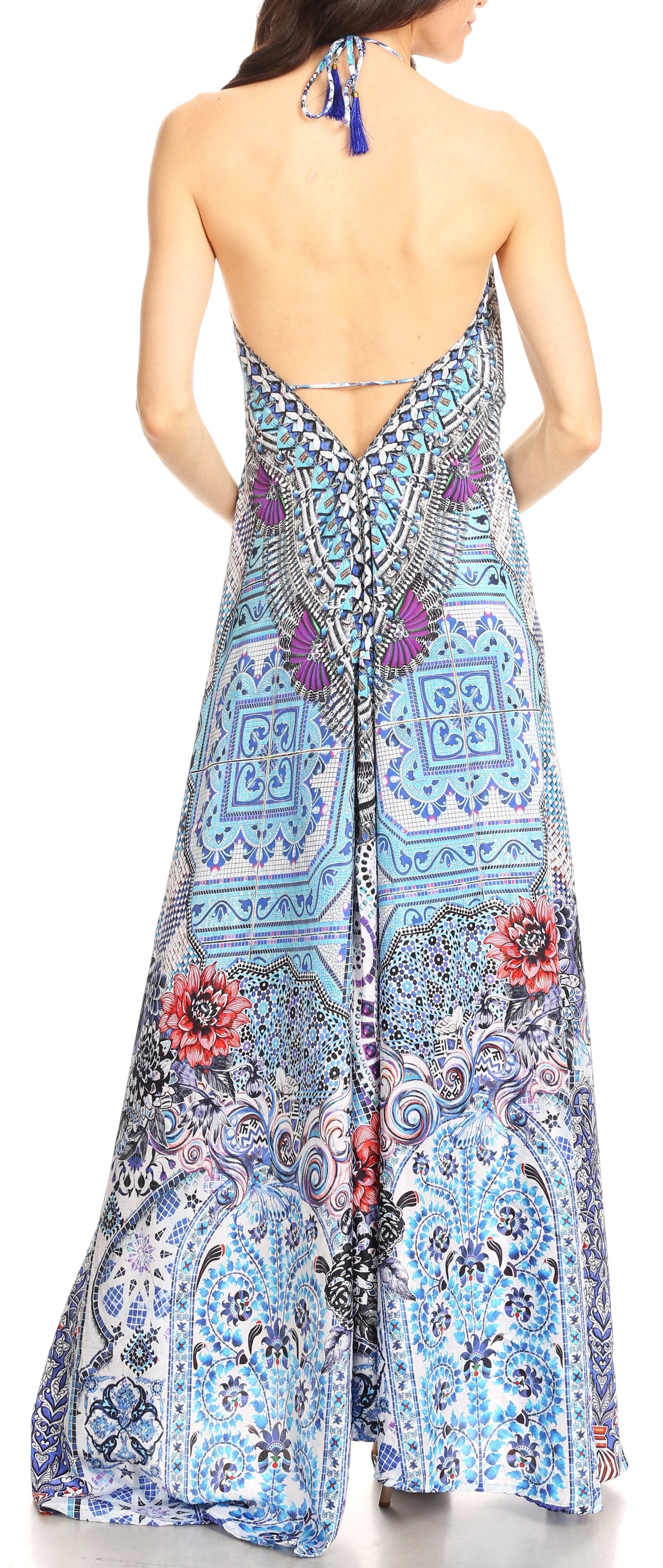 Vestido largo Sakkas Lizi para mujer, con cuello halter, corte alto y bajo, estilo pañuelo, para fiesta en la playa