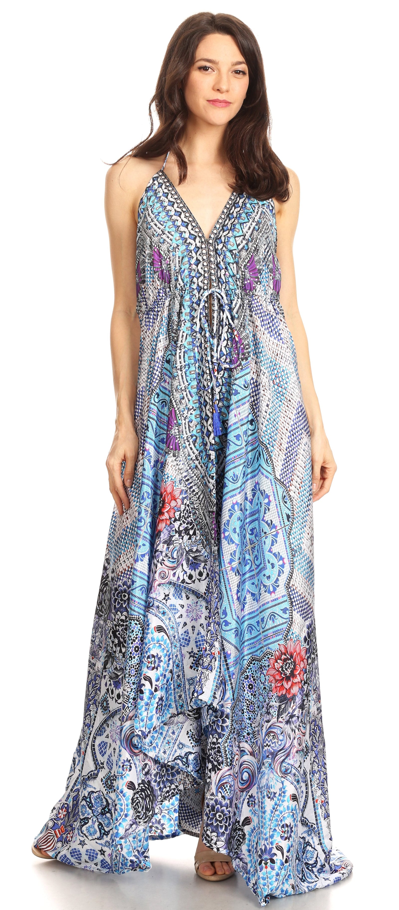 Vestido largo Sakkas Lizi para mujer, con cuello halter, corte alto y bajo, estilo pañuelo, para fiesta en la playa